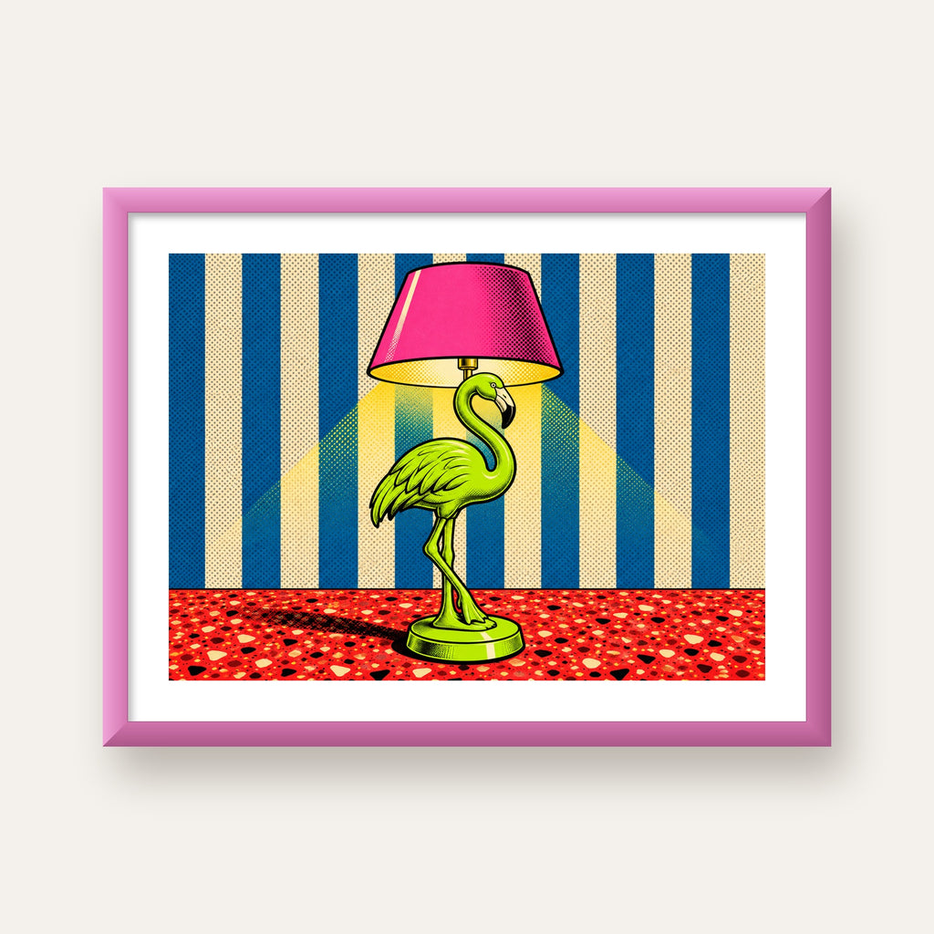 Pop Art Flamingo Lamba Poster – Renkli Duvar Dekoru — pembe çerçeveli paspartulu