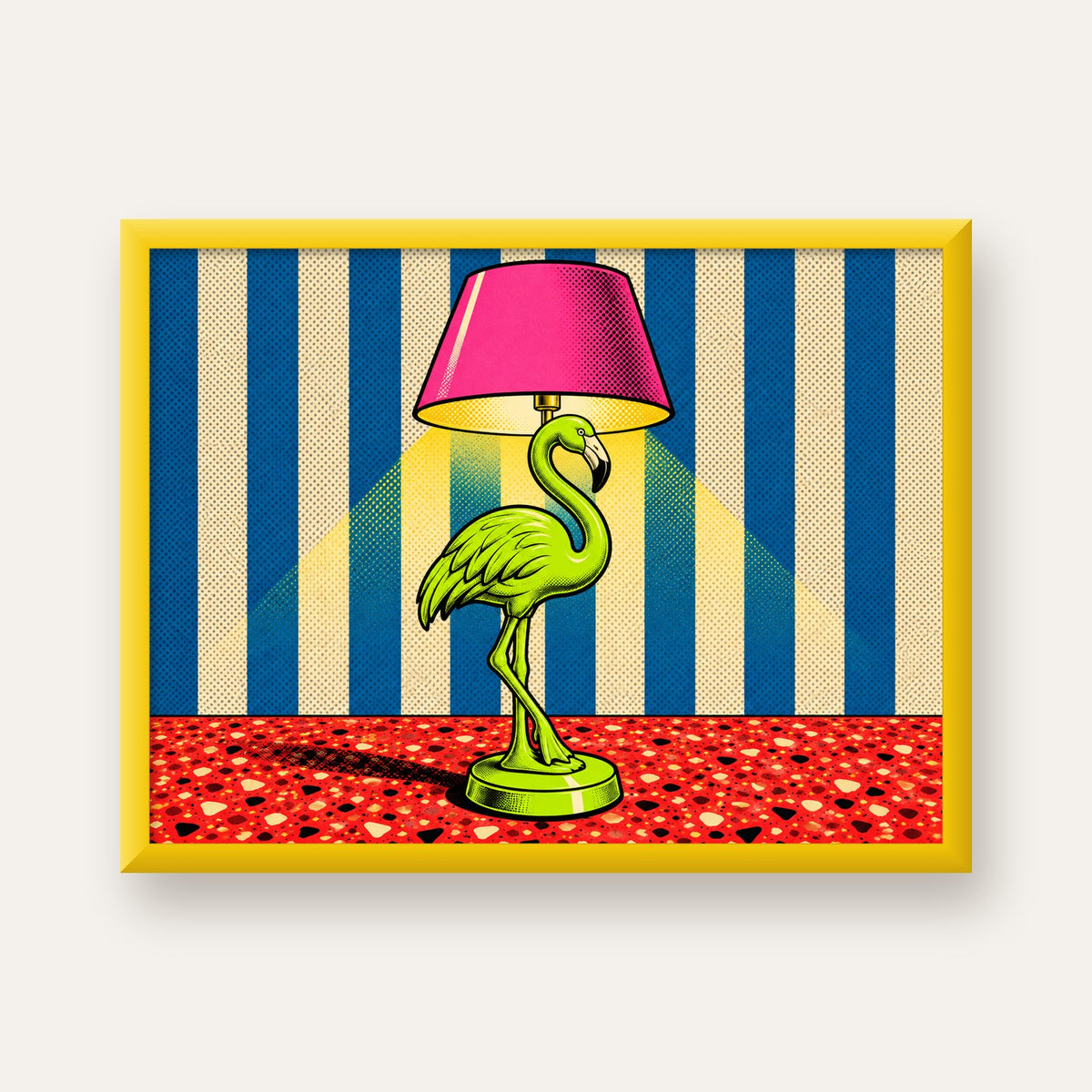 Pop Art Flamingo Lamba Poster – Renkli Duvar Dekoru — sarı çerçeveli