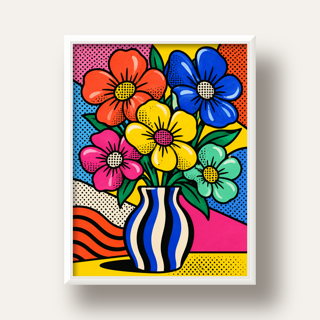 Pop Art Çiçekli Vazo Poster – Renkli Çizgi Roman Tasarımı — beyaz derin çerçeveli