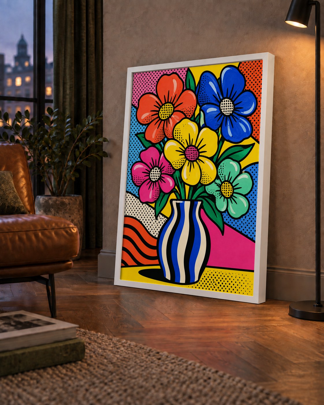 Pop Art Çiçekli Vazo Poster – Renkli Çizgi Roman Tasarımı — çerçeveli hâliyle bir ev duvarında