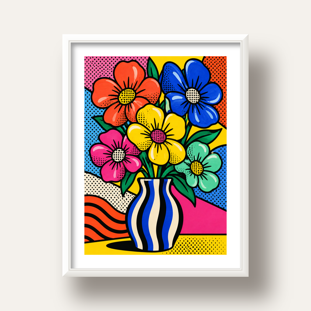 Pop Art Çiçekli Vazo Poster – Renkli Çizgi Roman Tasarımı — beyaz derin çerçeveli paspartulu