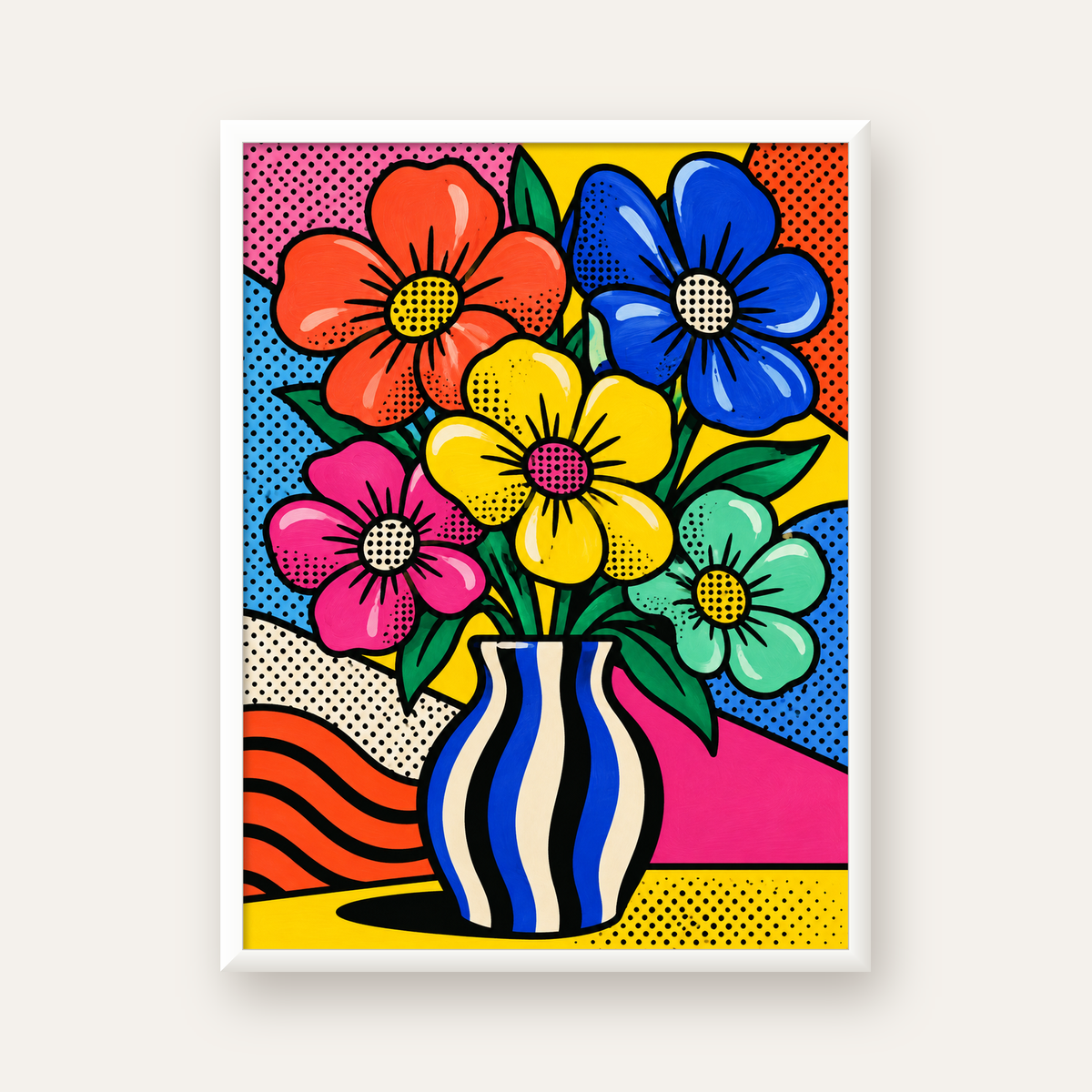 Pop Art Çiçekli Vazo Poster – Renkli Çizgi Roman Tasarımı — beyaz çerçeveli dikey poster