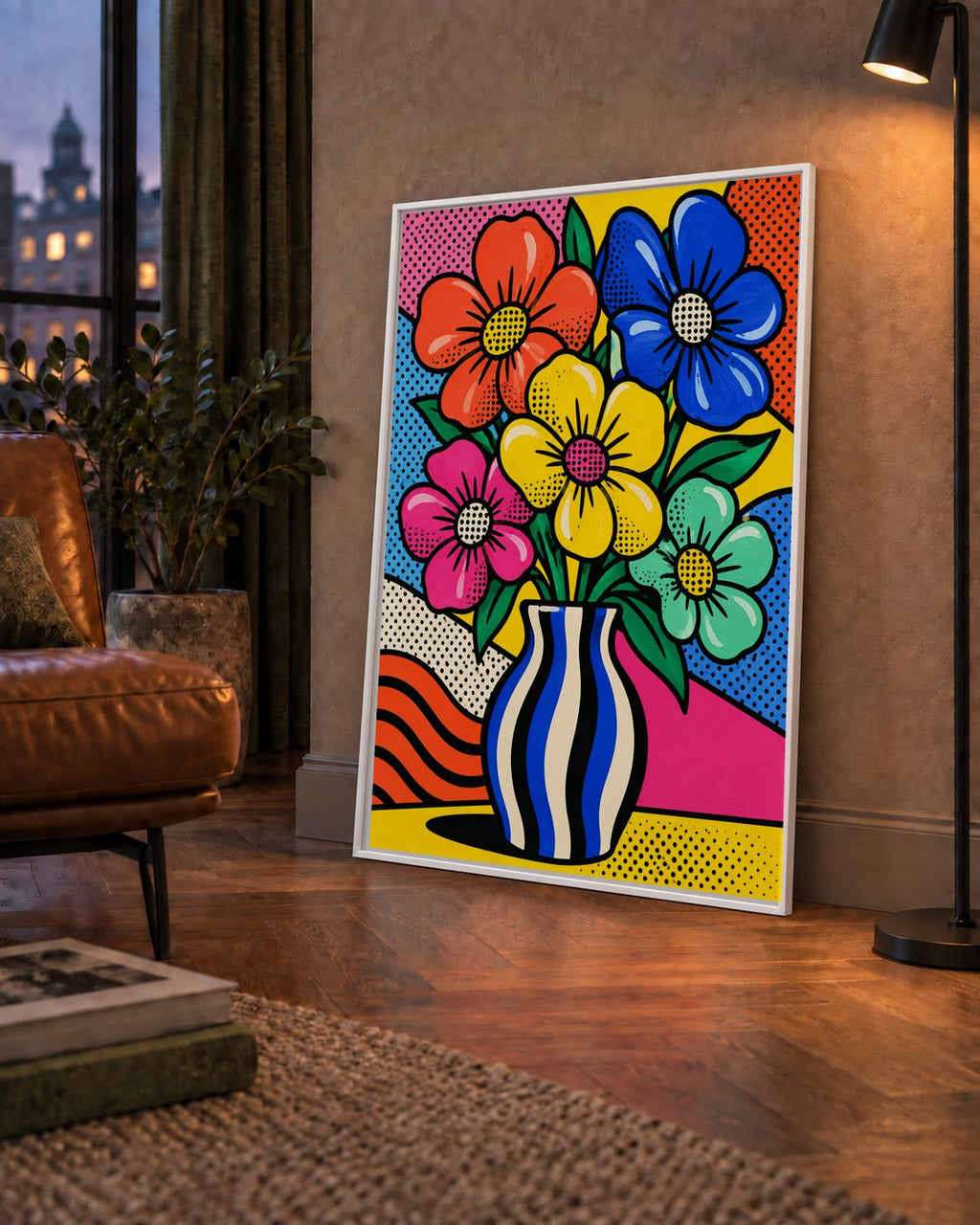 Pop Art Çiçekli Vazo Poster – Renkli Çizgi Roman Tasarımı — çerçeveli hâliyle bir ev duvarında