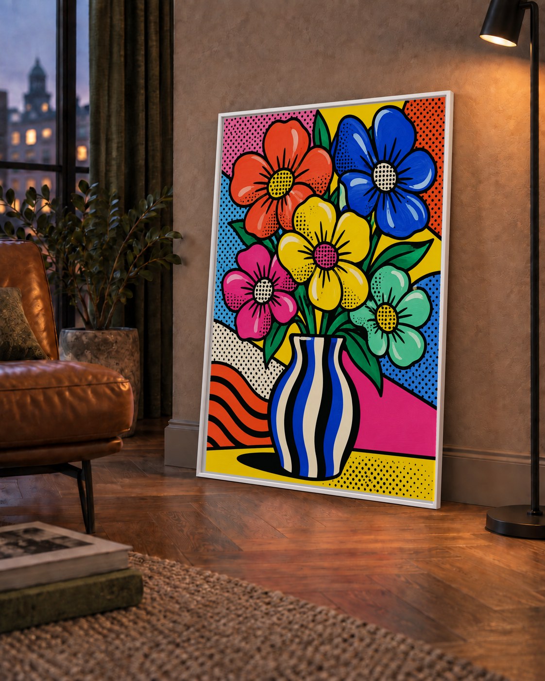 Pop Art Çiçekli Vazo Poster – Renkli Çizgi Roman Tasarımı — çerçeveli hâliyle bir ev duvarında