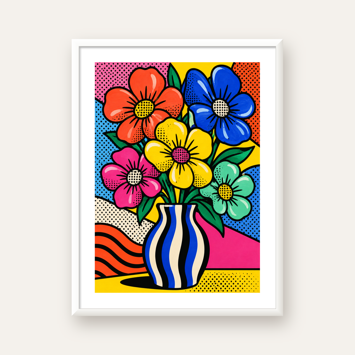Pop Art Çiçekli Vazo Poster – Renkli Çizgi Roman Tasarımı — beyaz çerçeveli dikey poster