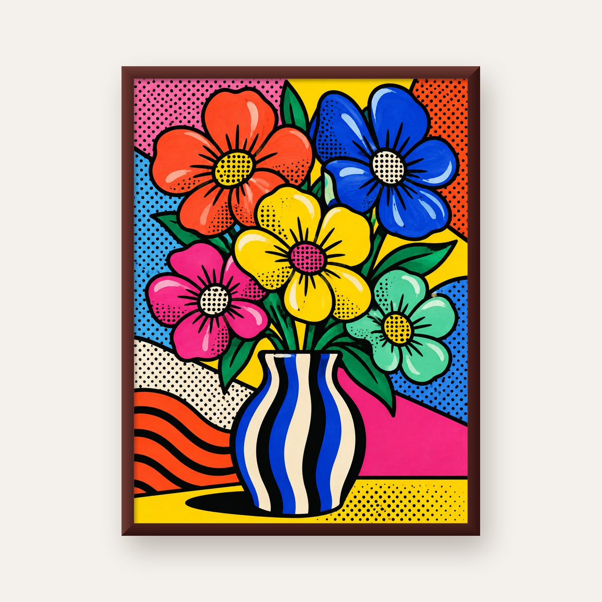 Pop Art Çiçekli Vazo Poster – Renkli Çizgi Roman Tasarımı — ceviz çerçeveli