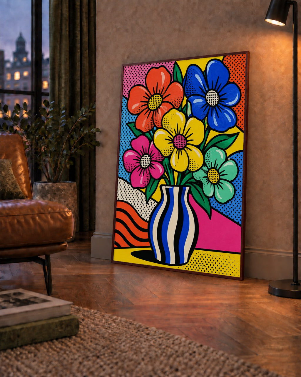 Pop Art Çiçekli Vazo Poster – Renkli Çizgi Roman Tasarımı — çerçeveli hâliyle bir ev duvarında