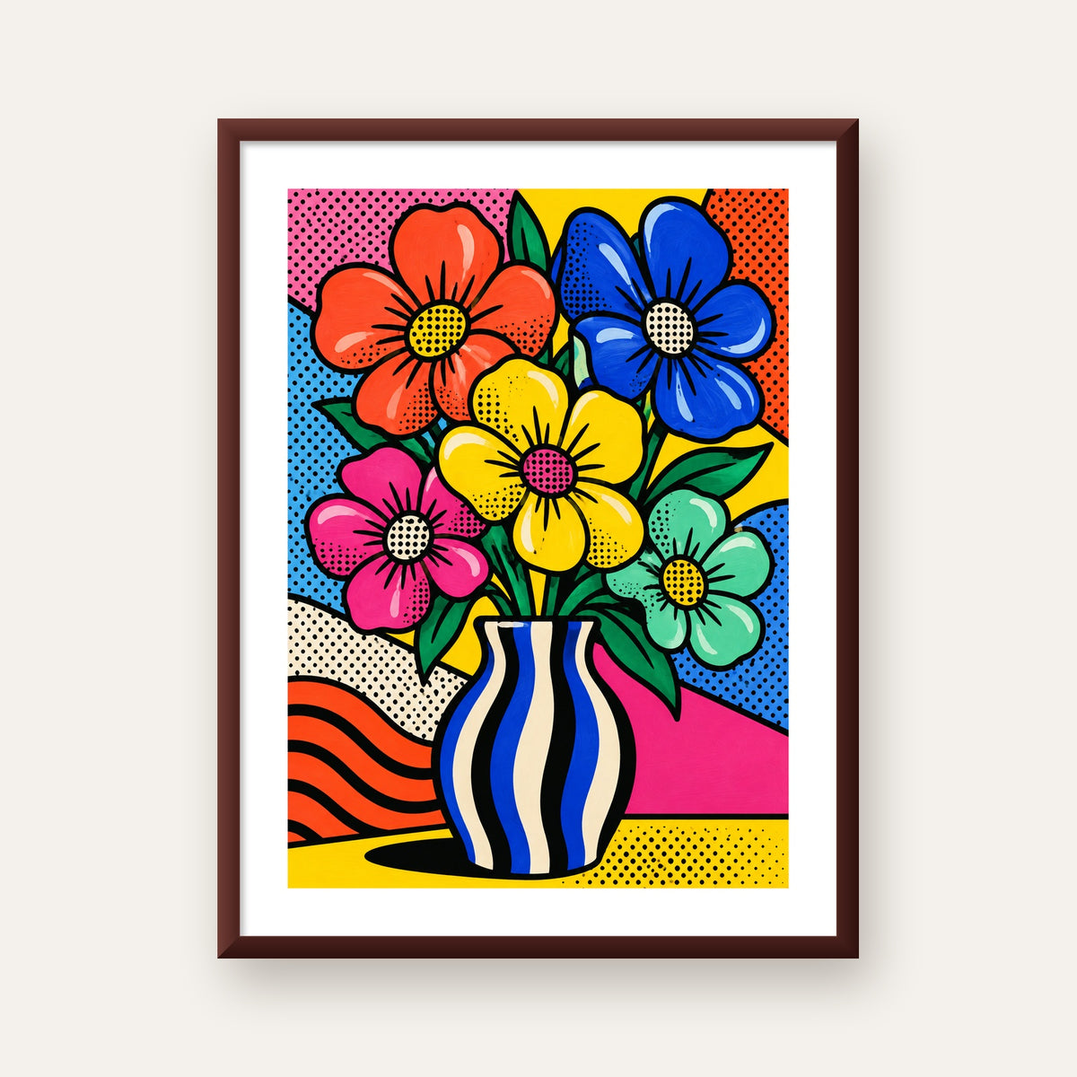 Pop Art Çiçekli Vazo Poster – Renkli Çizgi Roman Tasarımı — ceviz çerçeveli paspartulu