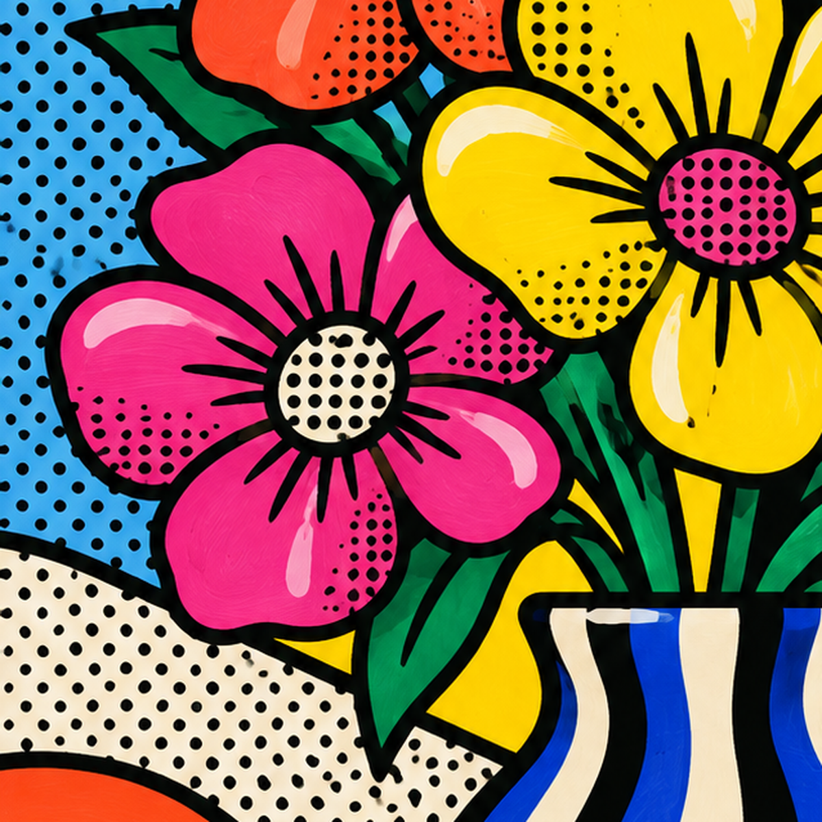 Pop Art Çiçekli Vazo Poster – Renkli Çizgi Roman Tasarımı — baskının yakın çekimi, kâğıt dokusu ve renk detayı