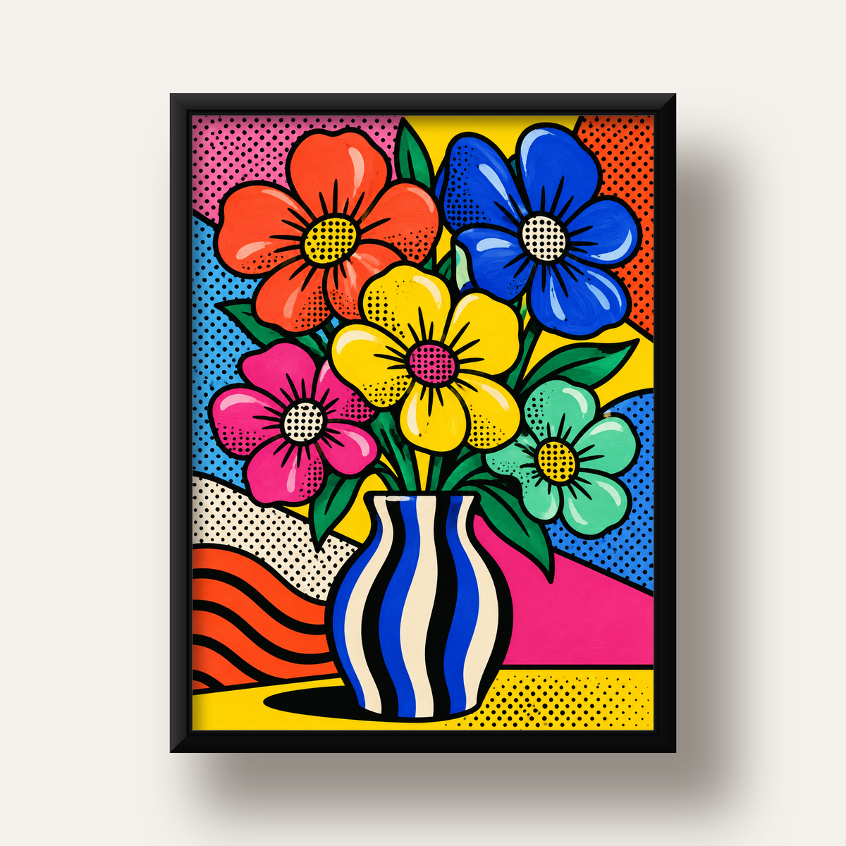 Pop Art Çiçekli Vazo Poster – Renkli Çizgi Roman Tasarımı — siyah derin çerçeveli