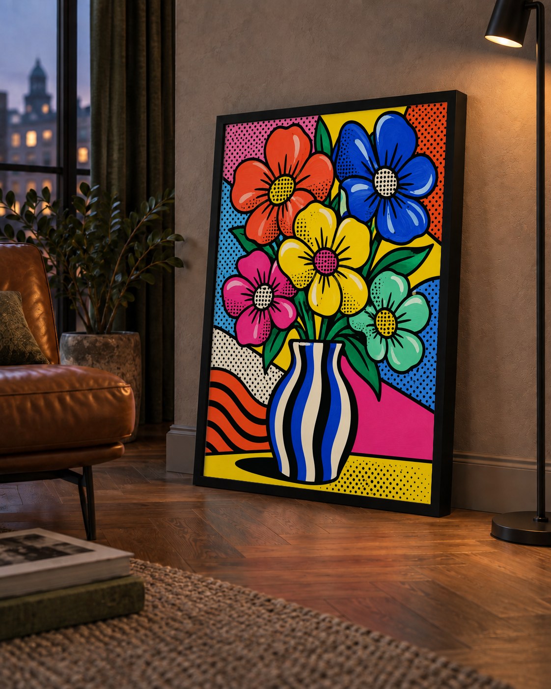 Pop Art Çiçekli Vazo Poster – Renkli Çizgi Roman Tasarımı — çerçeveli hâliyle bir ev duvarında