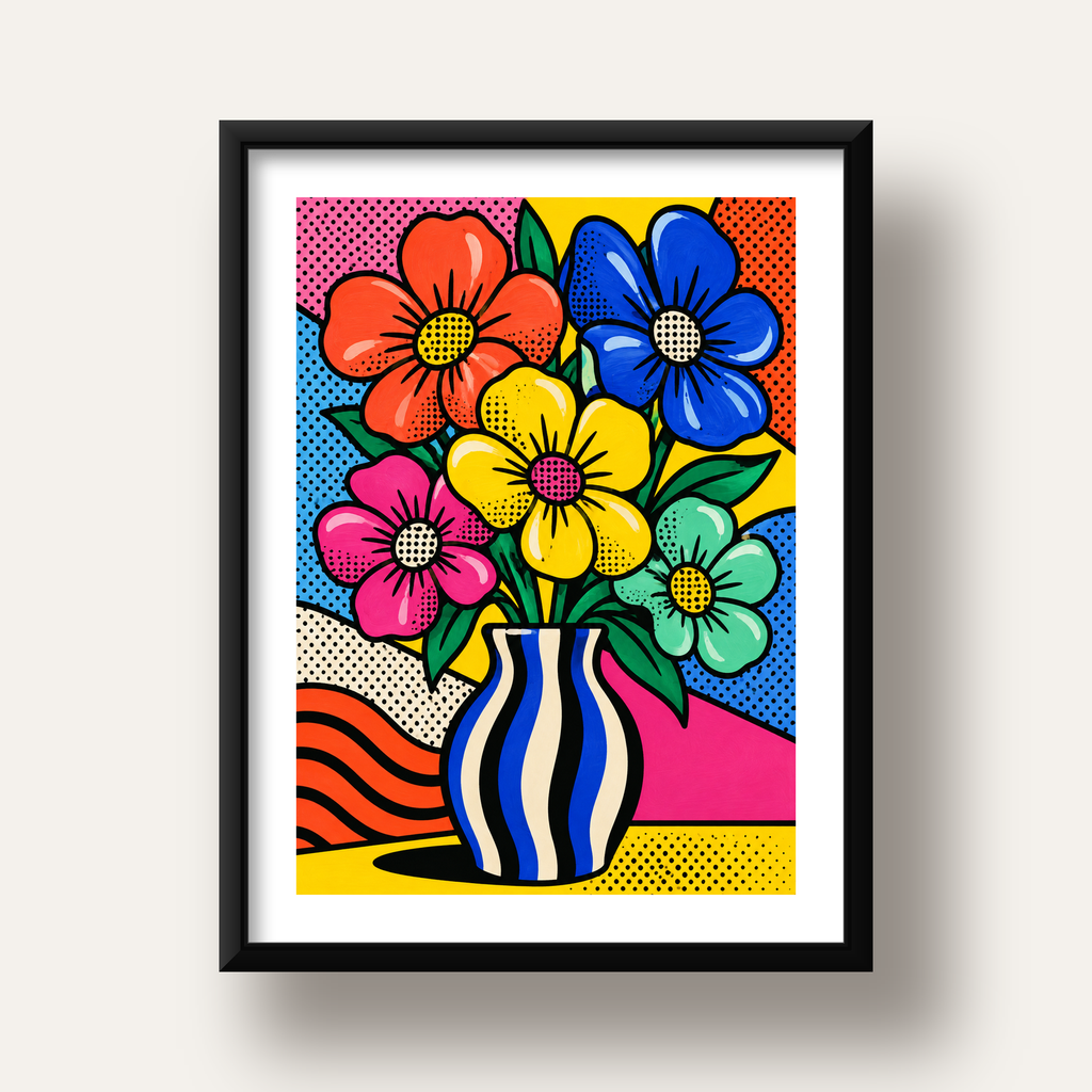Pop Art Çiçekli Vazo Poster – Renkli Çizgi Roman Tasarımı — siyah derin çerçeveli paspartulu