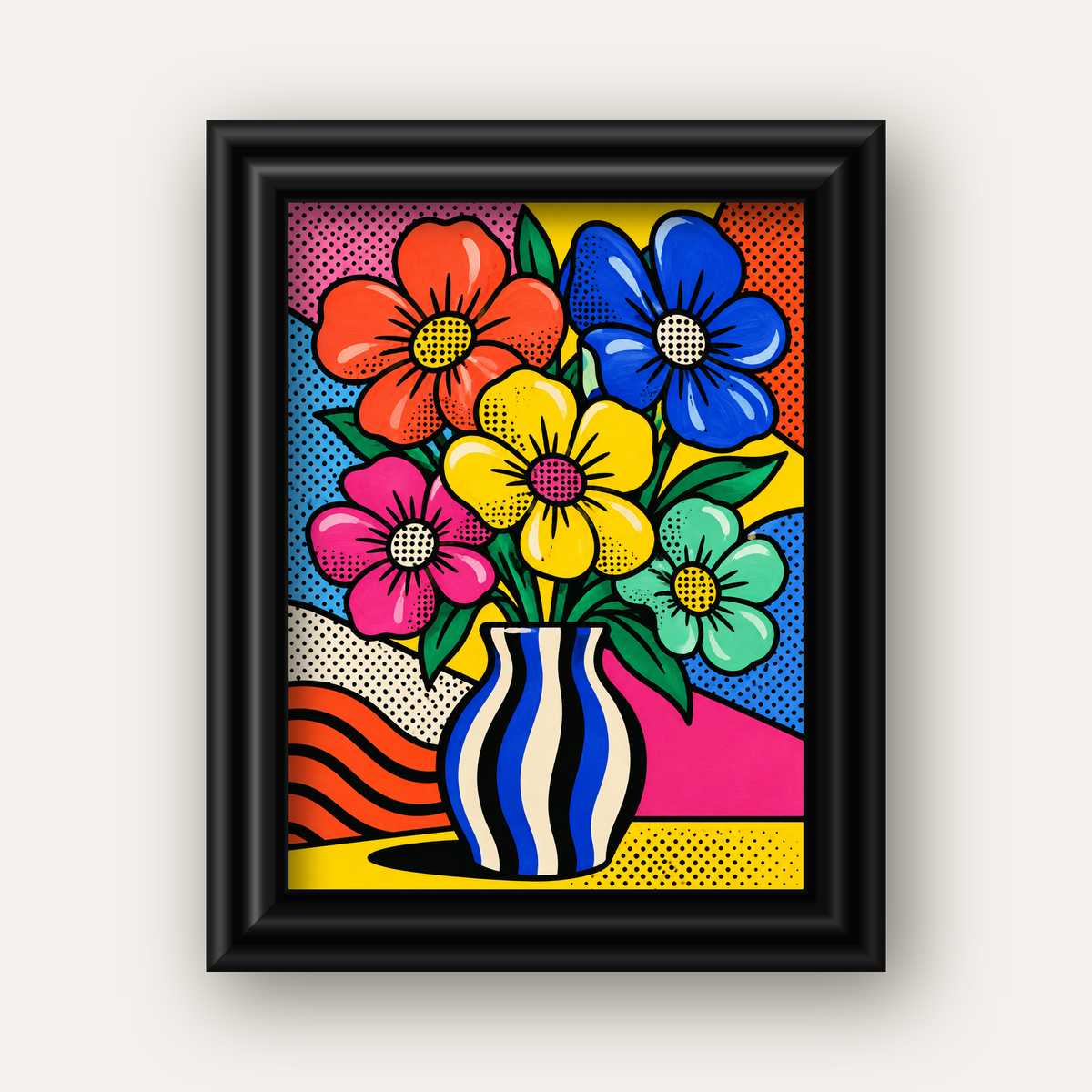 Pop Art Çiçekli Vazo Poster – Renkli Çizgi Roman Tasarımı — siyah galeri çerçeveli