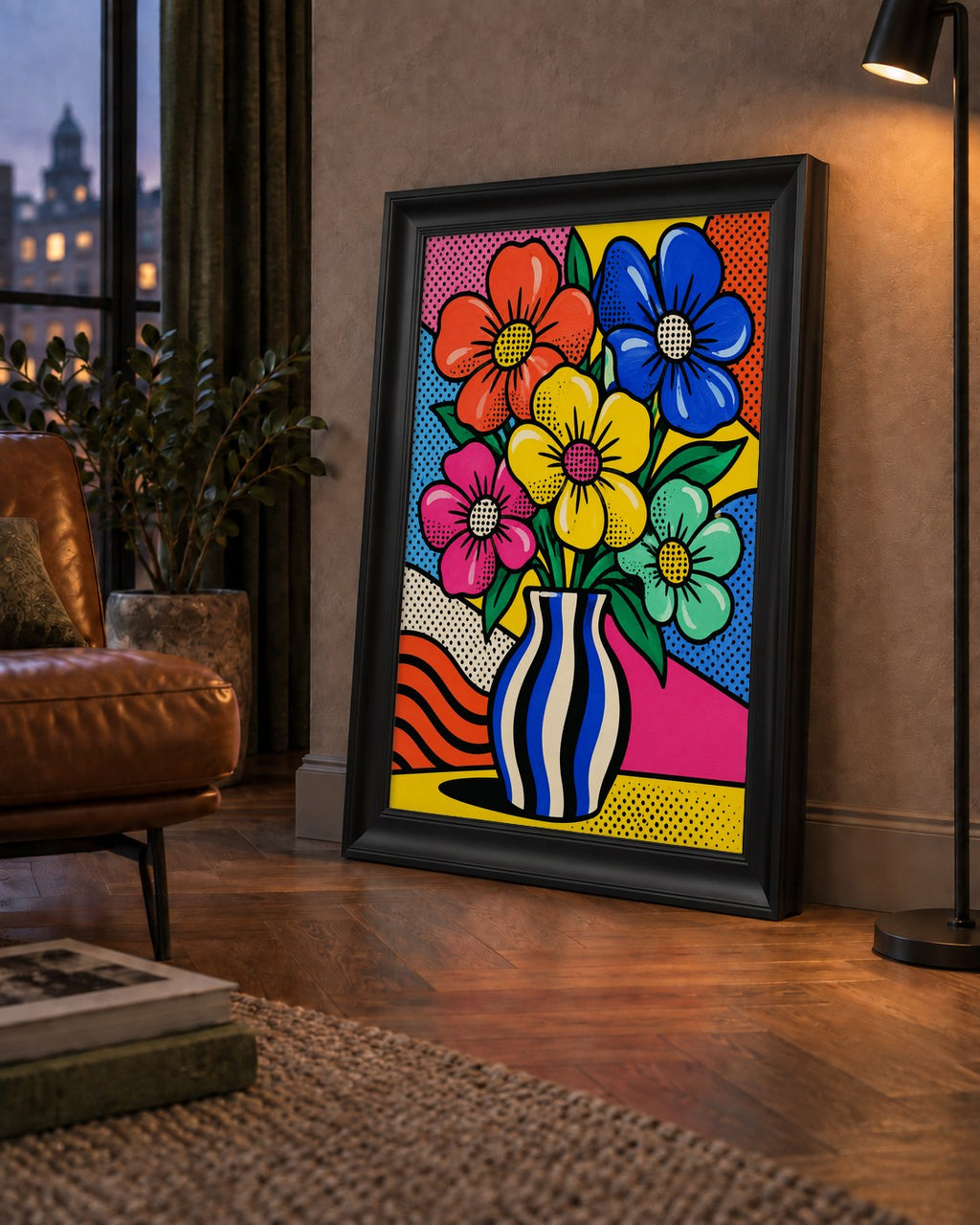 Pop Art Çiçekli Vazo Poster – Renkli Çizgi Roman Tasarımı — çerçeveli hâliyle bir ev duvarında