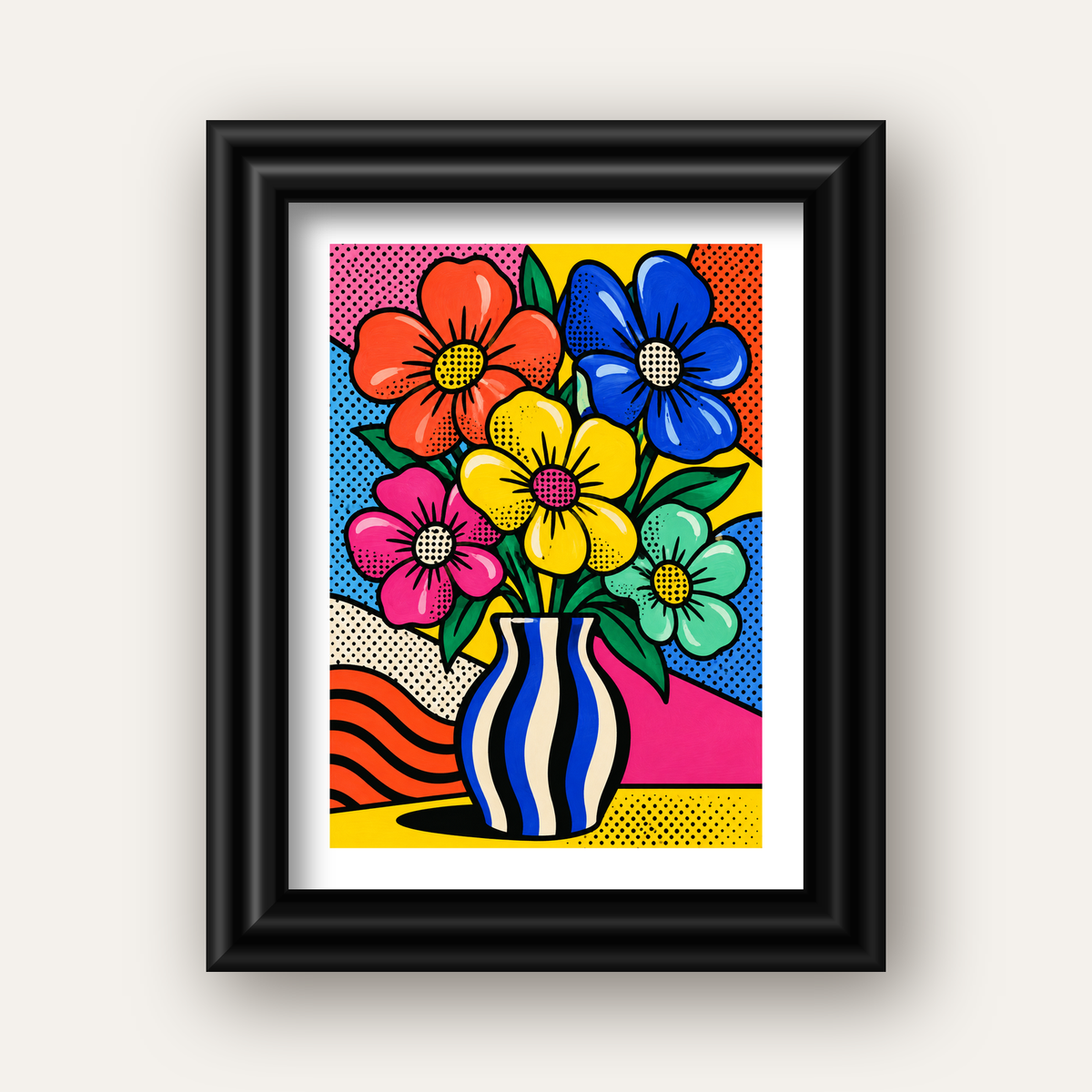 Pop Art Çiçekli Vazo Poster – Renkli Çizgi Roman Tasarımı — siyah galeri çerçeveli paspartulu