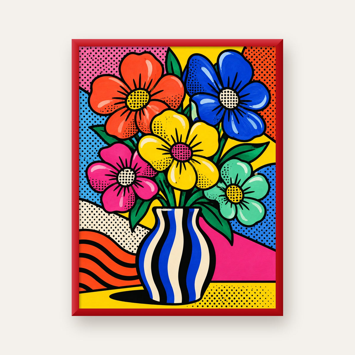 Pop Art Çiçekli Vazo Poster – Renkli Çizgi Roman Tasarımı — kırmızı çerçeveli