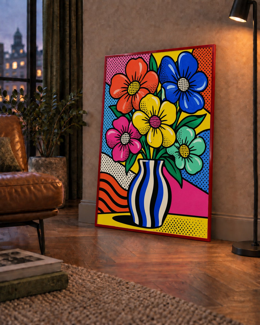 Pop Art Çiçekli Vazo Poster – Renkli Çizgi Roman Tasarımı — çerçeveli hâliyle bir ev duvarında