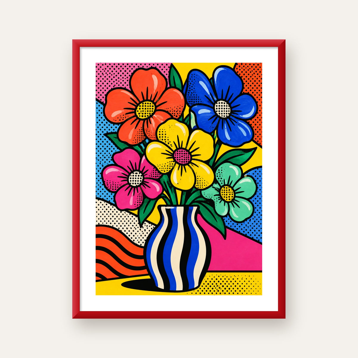 Pop Art Çiçekli Vazo Poster – Renkli Çizgi Roman Tasarımı — kırmızı çerçeveli paspartulu