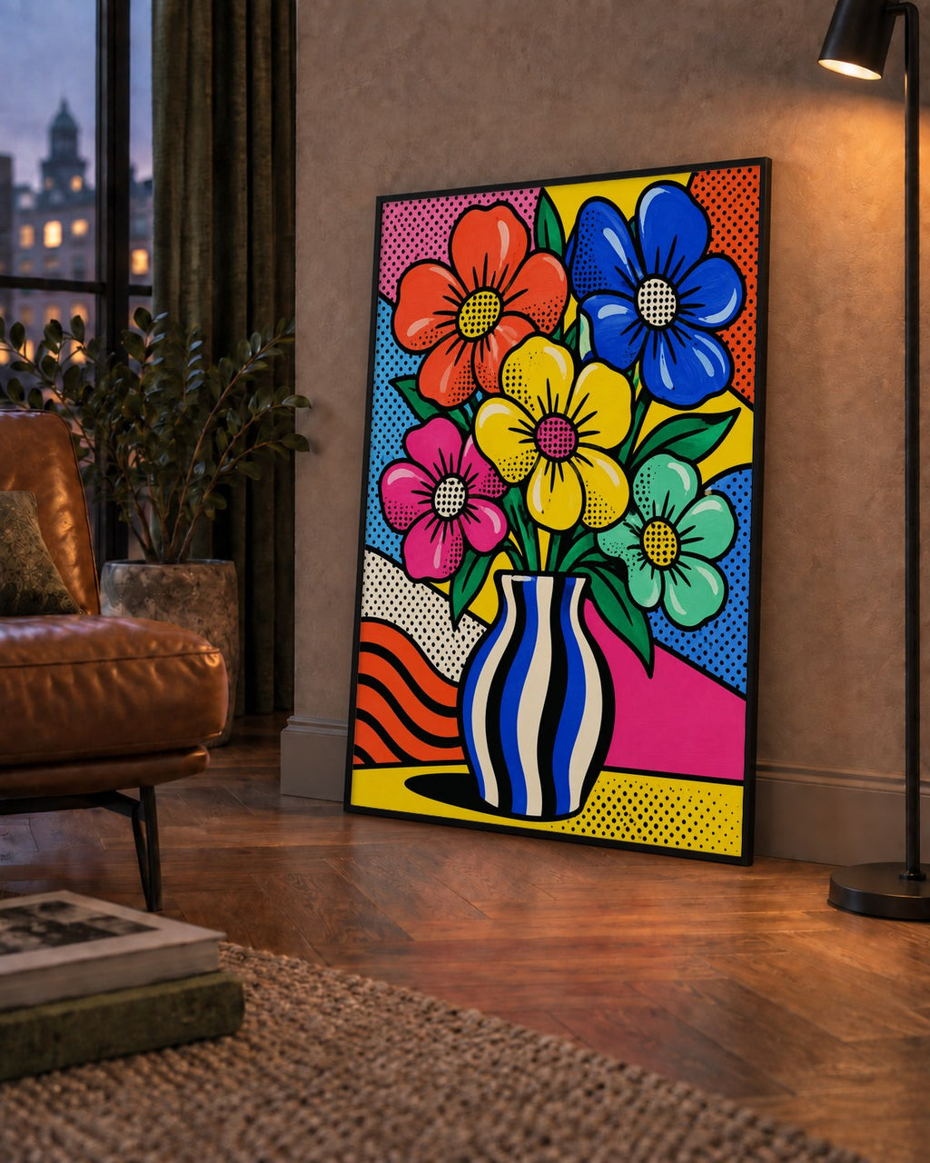 Pop Art Çiçekli Vazo Poster – Renkli Çizgi Roman Tasarımı — çerçeveli hâliyle bir ev duvarında