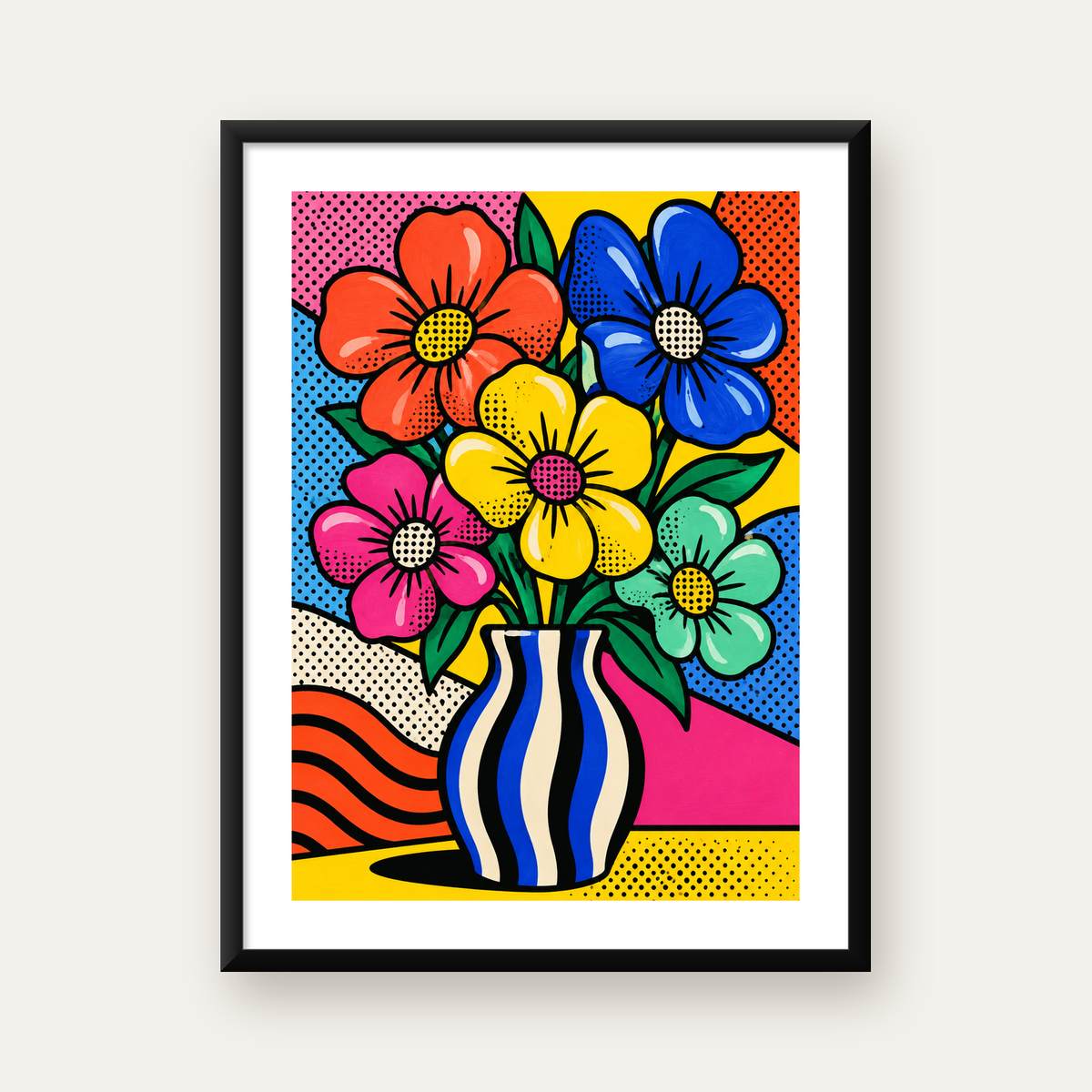 Pop Art Çiçekli Vazo Poster – Renkli Çizgi Roman Tasarımı — Dikey baskı, beyaz paspartulu