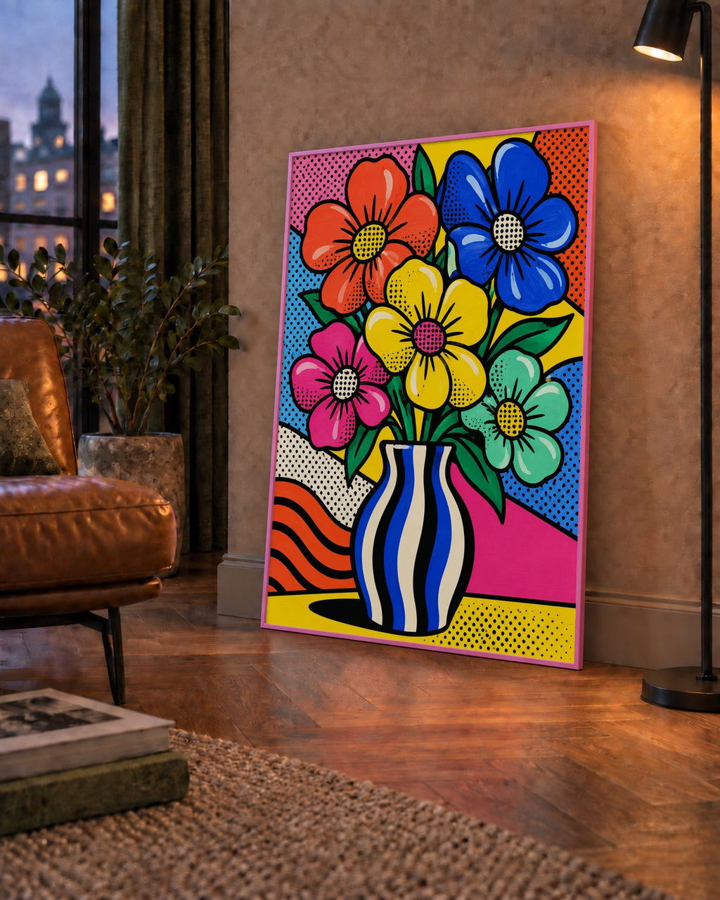 Pop Art Çiçekli Vazo Poster – Renkli Çizgi Roman Tasarımı — çerçeveli hâliyle bir ev duvarında
