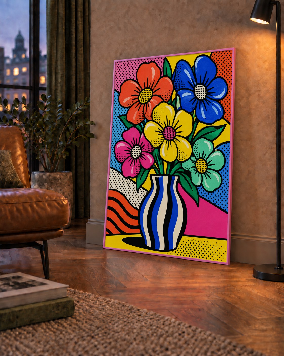 Pop Art Çiçekli Vazo Poster – Renkli Çizgi Roman Tasarımı — çerçeveli hâliyle bir ev duvarında