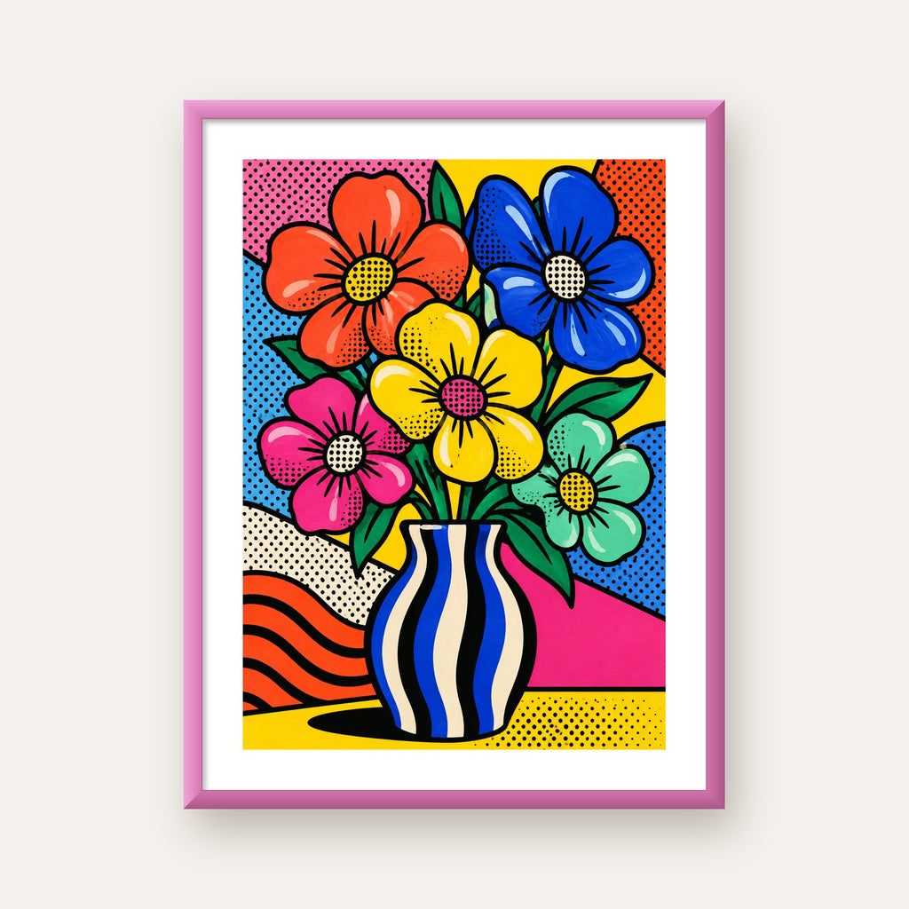 Pop Art Çiçekli Vazo Poster – Renkli Çizgi Roman Tasarımı — pembe çerçeveli paspartulu