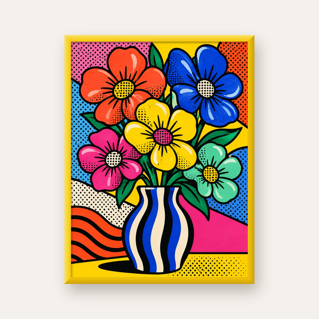 Pop Art Çiçekli Vazo Poster – Renkli Çizgi Roman Tasarımı — sarı çerçeveli