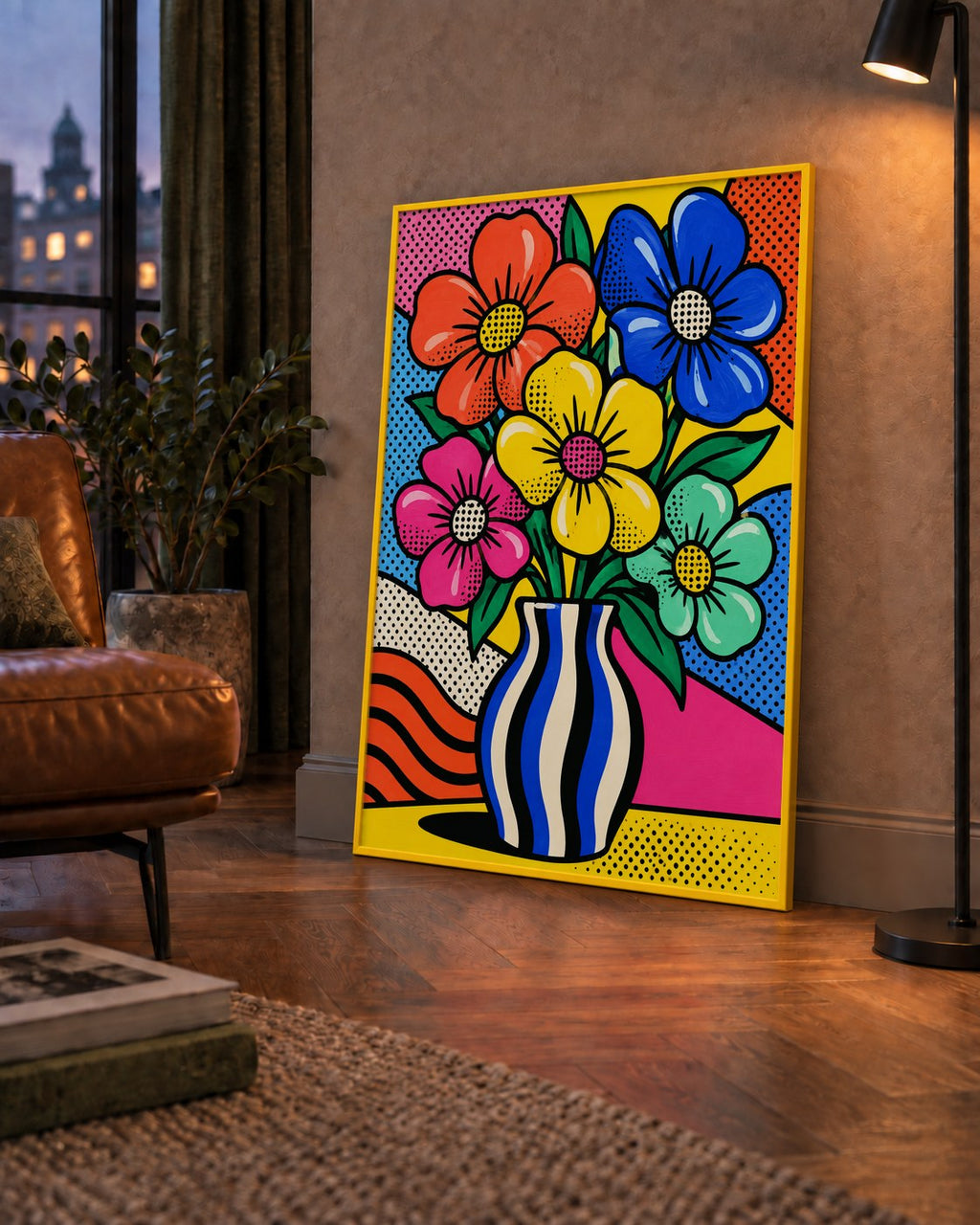 Pop Art Çiçekli Vazo Poster – Renkli Çizgi Roman Tasarımı — çerçeveli hâliyle bir ev duvarında
