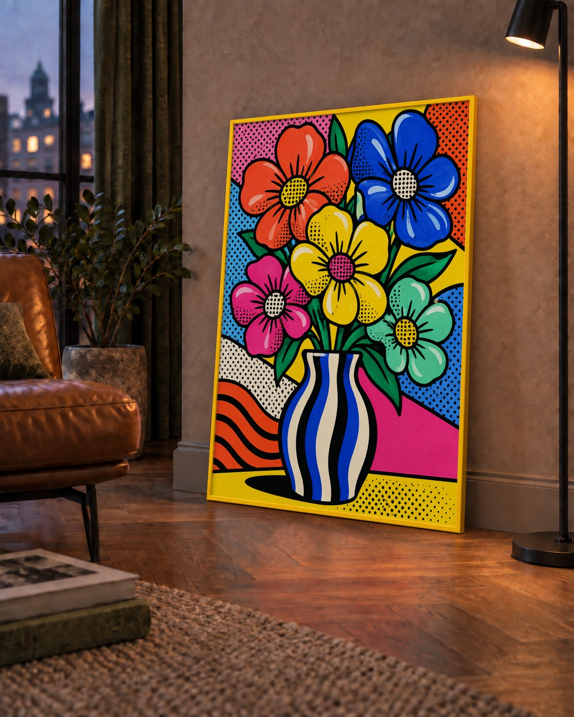 Pop Art Çiçekli Vazo Poster – Renkli Çizgi Roman Tasarımı — çerçeveli hâliyle bir ev duvarında