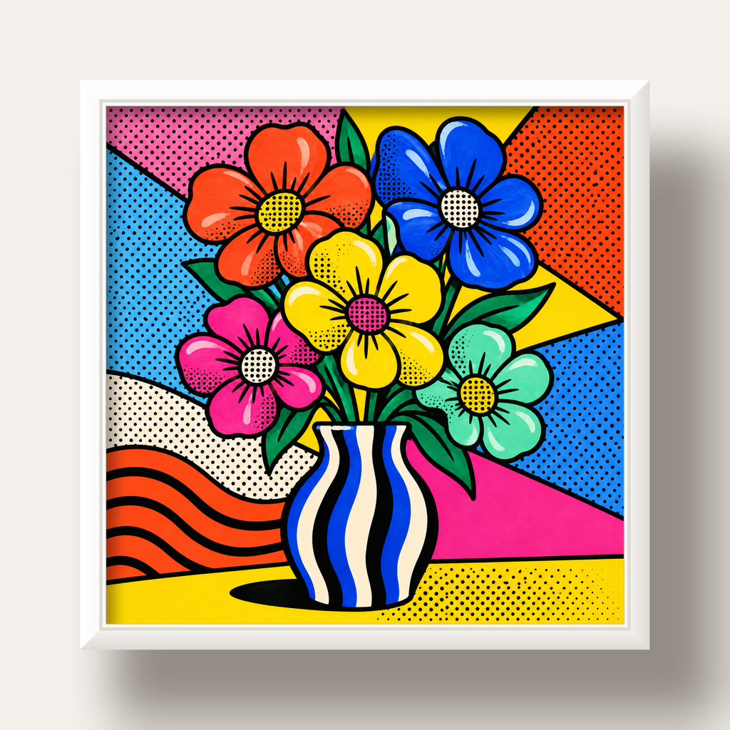 Pop Art Çiçekli Vazo Poster – Renkli Çizgi Roman Tasarımı — beyaz derin çerçeveli