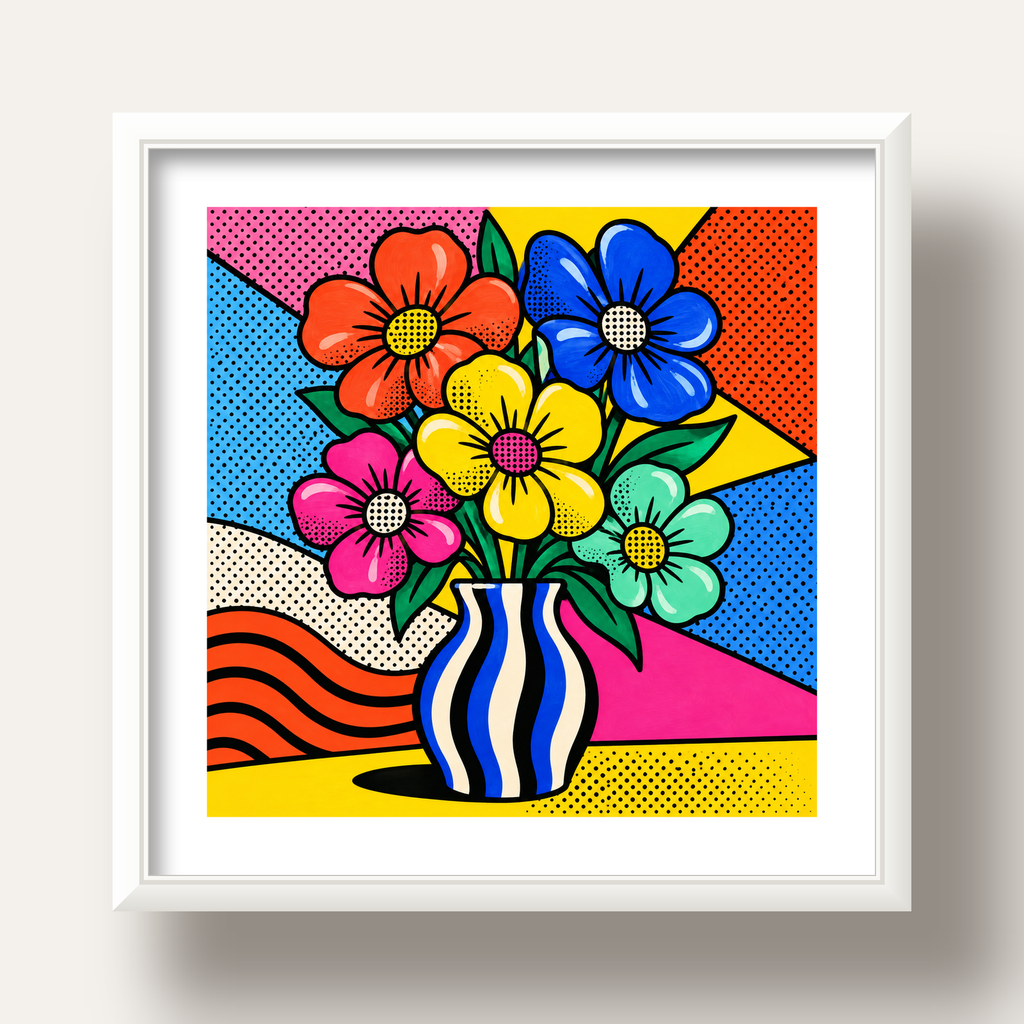 Pop Art Çiçekli Vazo Poster – Renkli Çizgi Roman Tasarımı — beyaz derin çerçeveli paspartulu