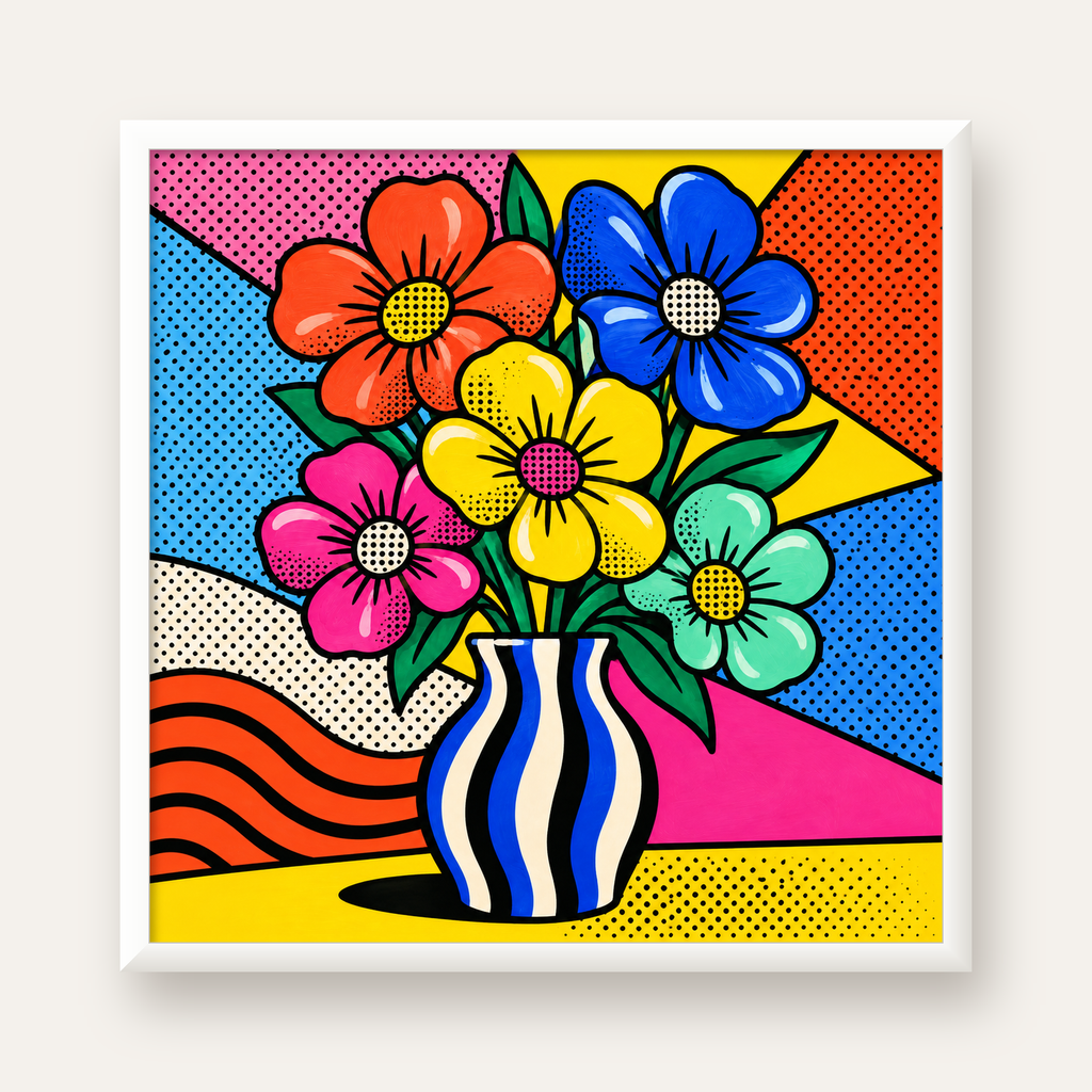 Pop Art Çiçekli Vazo Poster – Renkli Çizgi Roman Tasarımı — beyaz çerçeveli kare poster