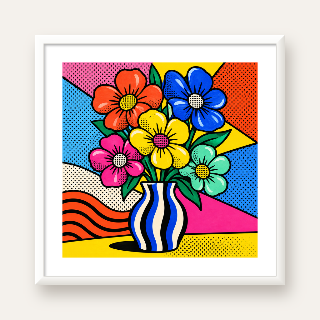 Pop Art Çiçekli Vazo Poster – Renkli Çizgi Roman Tasarımı — beyaz çerçeveli kare poster