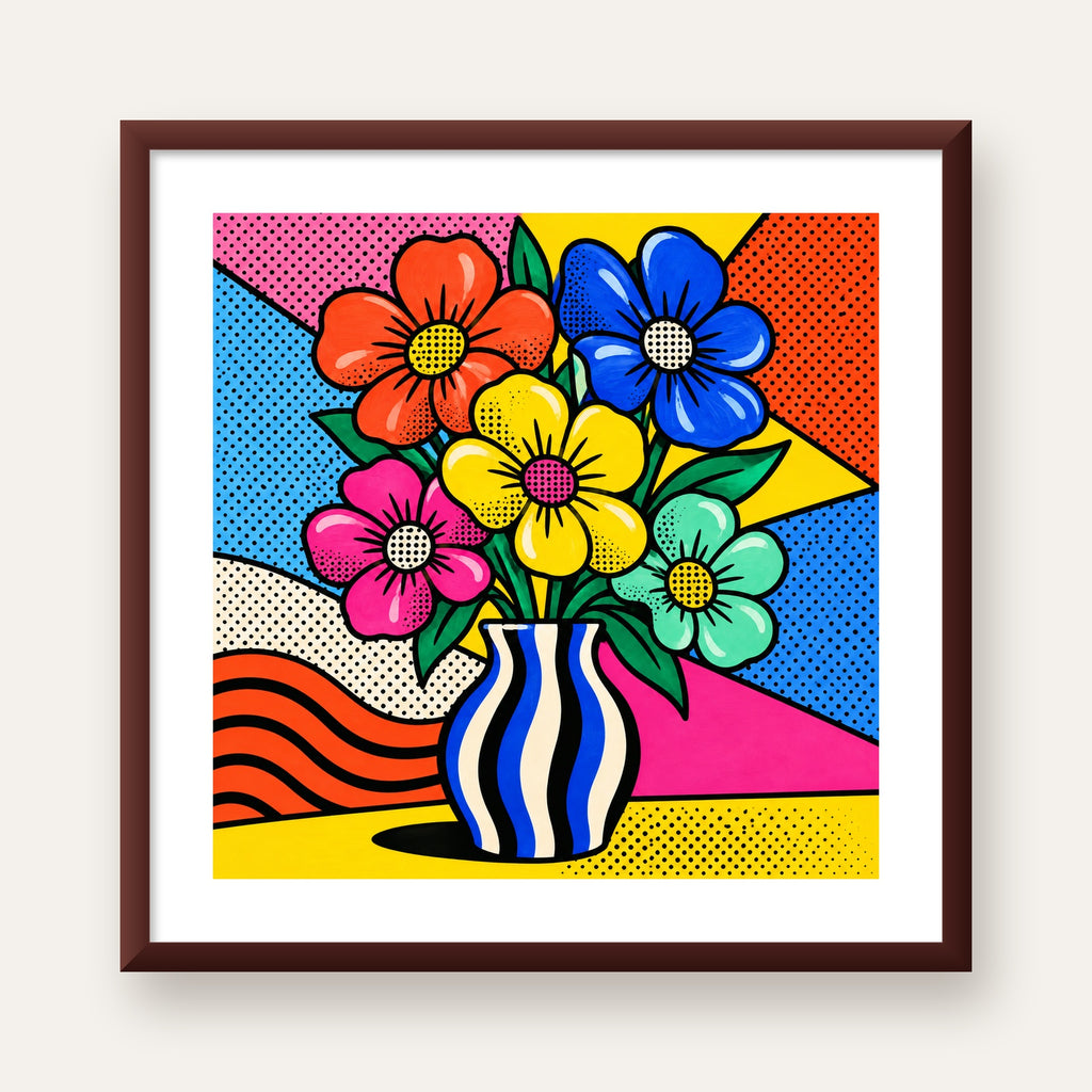 Pop Art Çiçekli Vazo Poster – Renkli Çizgi Roman Tasarımı — ceviz çerçeveli paspartulu