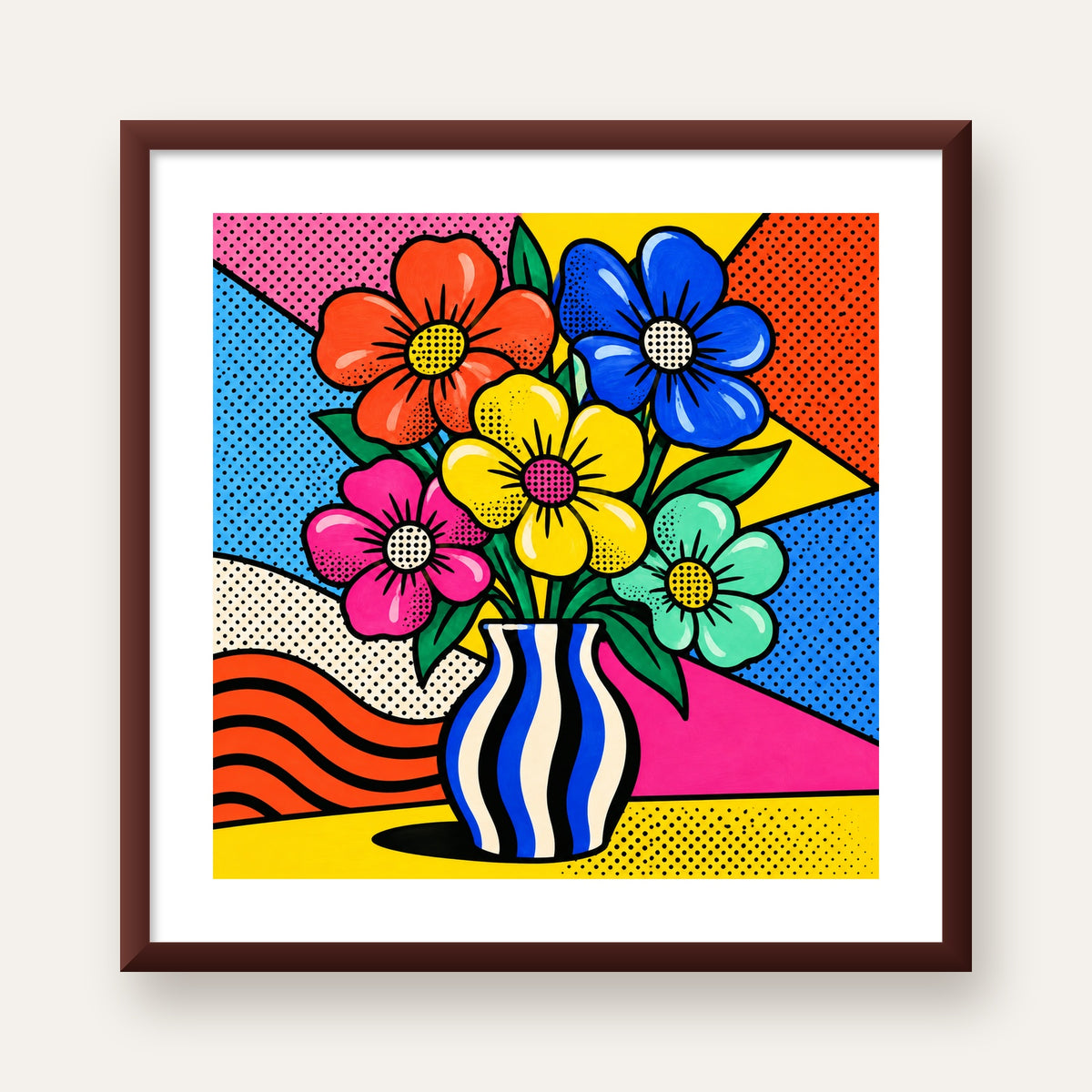 Pop Art Çiçekli Vazo Poster – Renkli Çizgi Roman Tasarımı — ceviz çerçeveli paspartulu