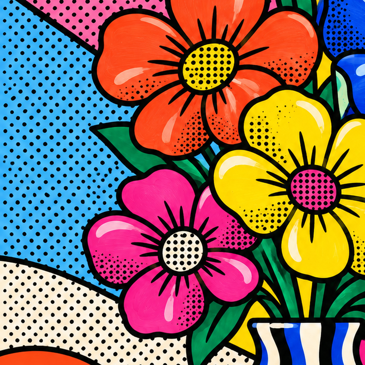 Pop Art Çiçekli Vazo Poster – Renkli Çizgi Roman Tasarımı — baskının yakın çekimi, kâğıt dokusu ve renk detayı