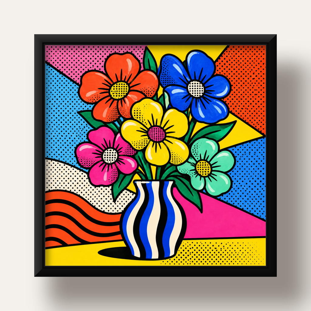 Pop Art Çiçekli Vazo Poster – Renkli Çizgi Roman Tasarımı — siyah derin çerçeveli