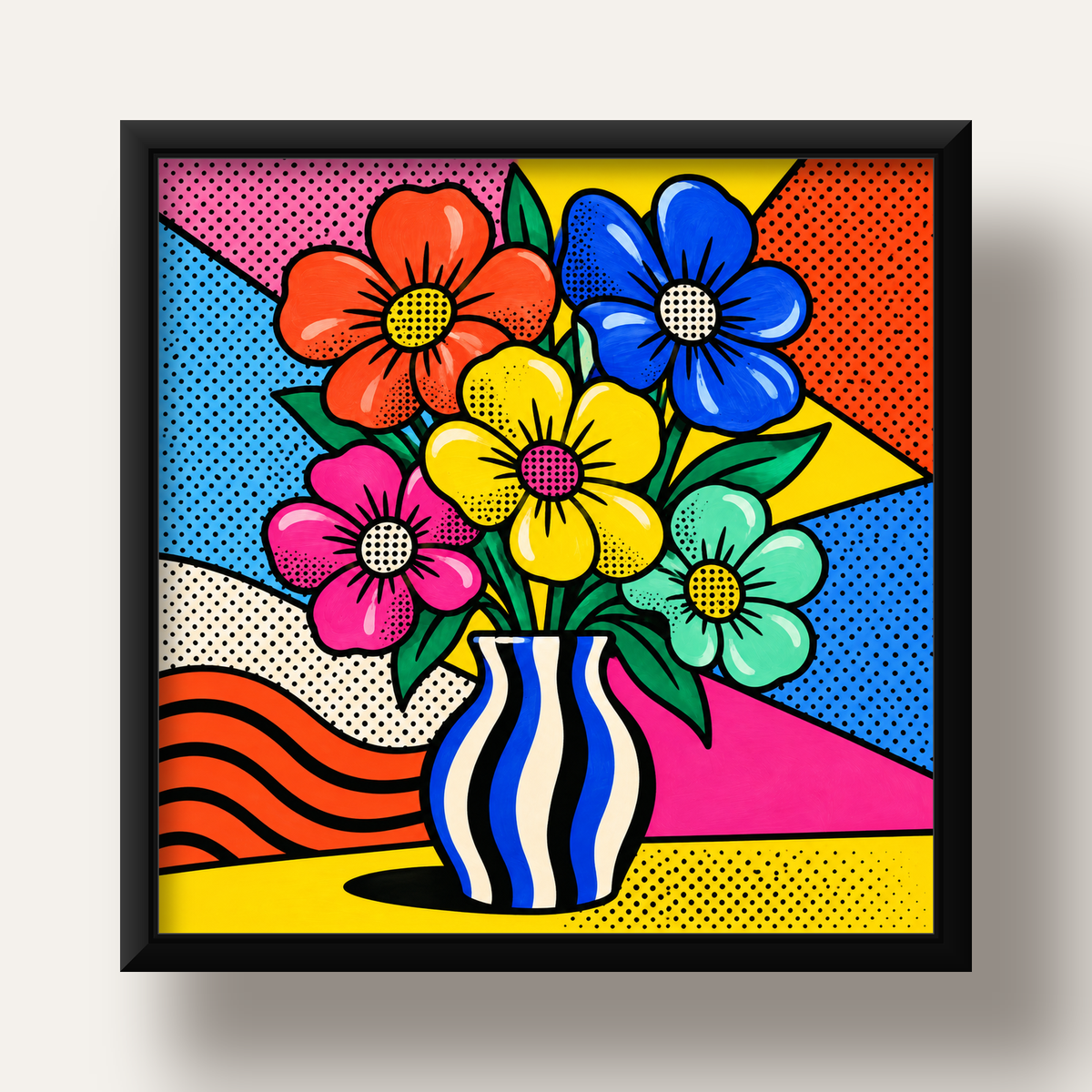 Pop Art Çiçekli Vazo Poster – Renkli Çizgi Roman Tasarımı — siyah derin çerçeveli