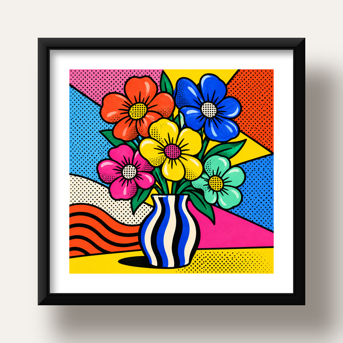 Pop Art Çiçekli Vazo Poster – Renkli Çizgi Roman Tasarımı — siyah derin çerçeveli paspartulu