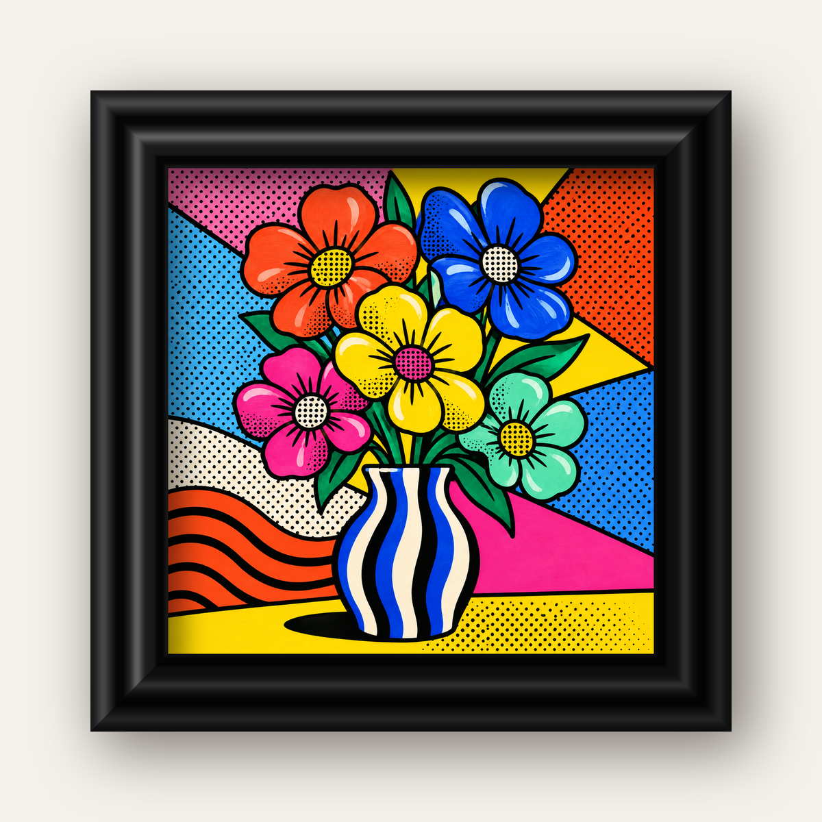 Pop Art Çiçekli Vazo Poster – Renkli Çizgi Roman Tasarımı — siyah galeri çerçeveli