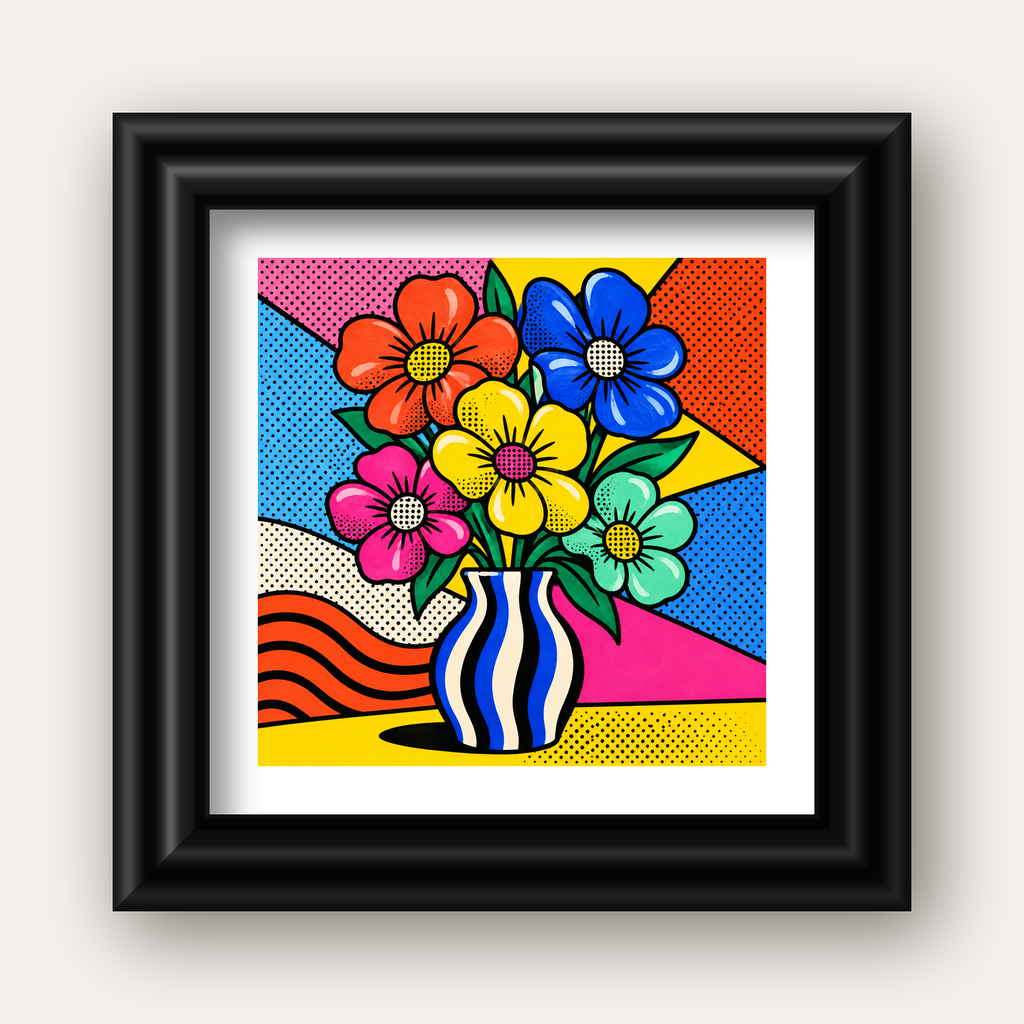 Pop Art Çiçekli Vazo Poster – Renkli Çizgi Roman Tasarımı — siyah galeri çerçeveli paspartulu
