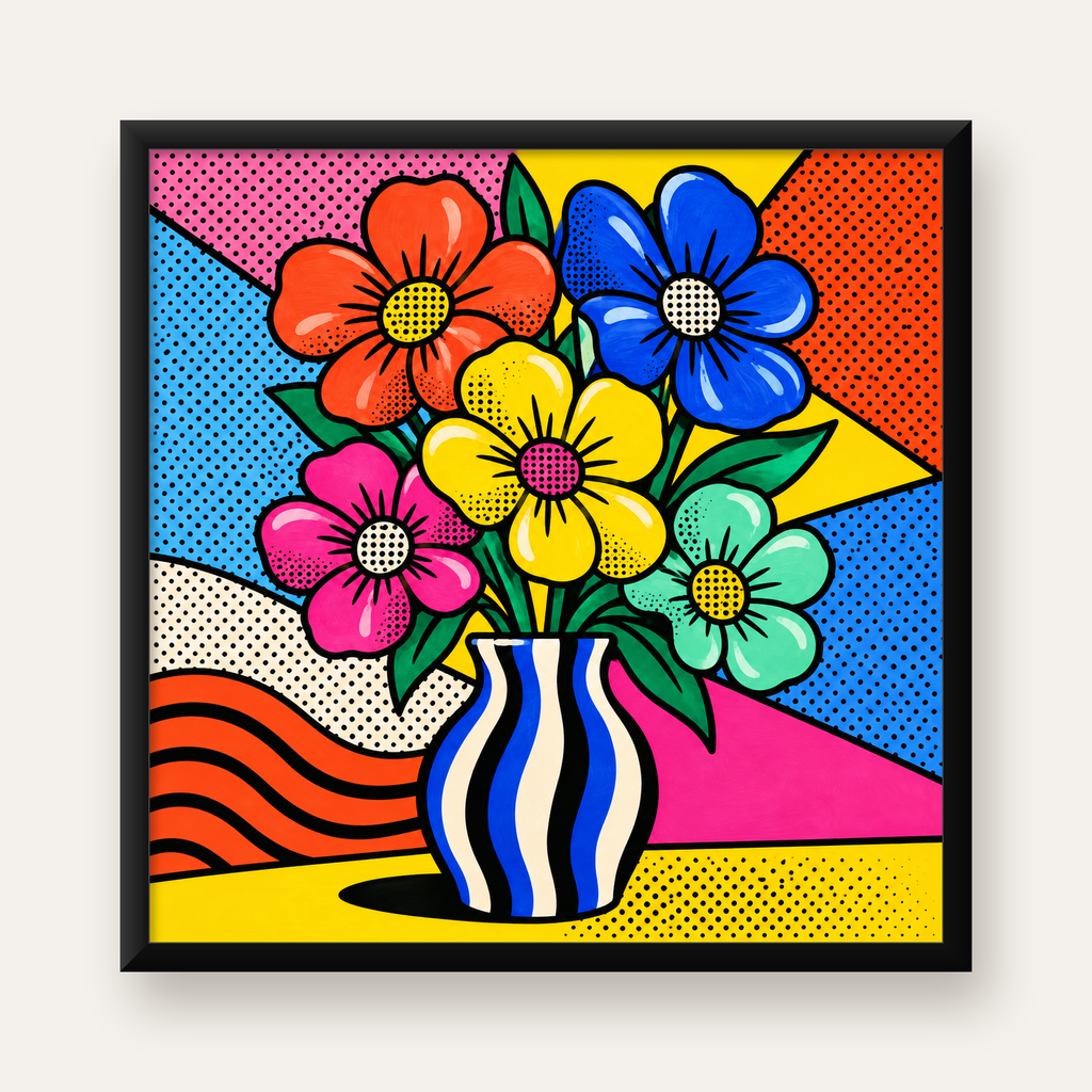 Pop Art Çiçekli Vazo Poster – Renkli Çizgi Roman Tasarımı — Kare baskı, düz siyah çerçeveli duvar posteri
