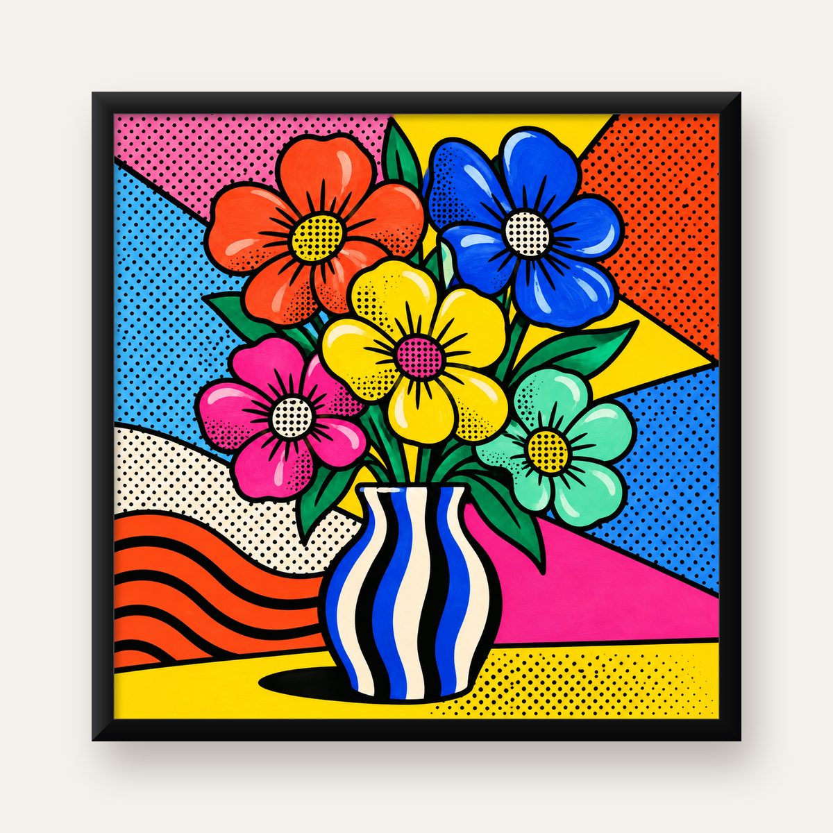Pop Art Çiçekli Vazo Poster – Renkli Çizgi Roman Tasarımı — Kare baskı, düz siyah çerçeveli duvar posteri