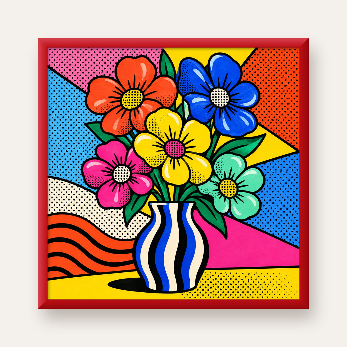 Pop Art Çiçekli Vazo Poster – Renkli Çizgi Roman Tasarımı — kırmızı çerçeveli