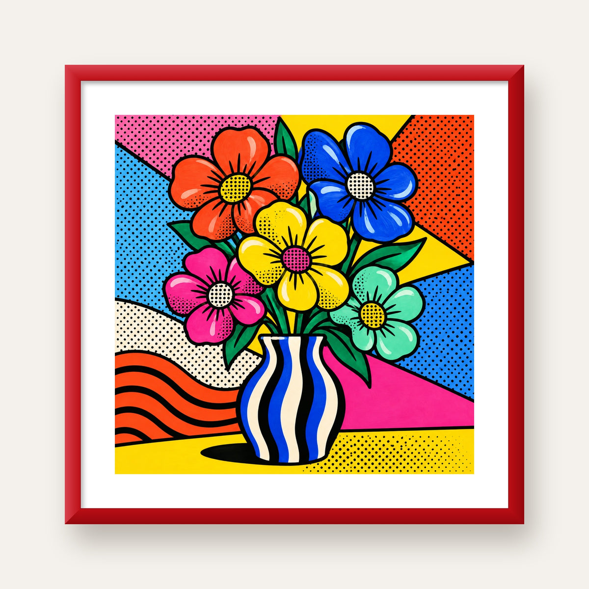 Pop Art Çiçekli Vazo Poster – Renkli Çizgi Roman Tasarımı — kırmızı çerçeveli paspartulu