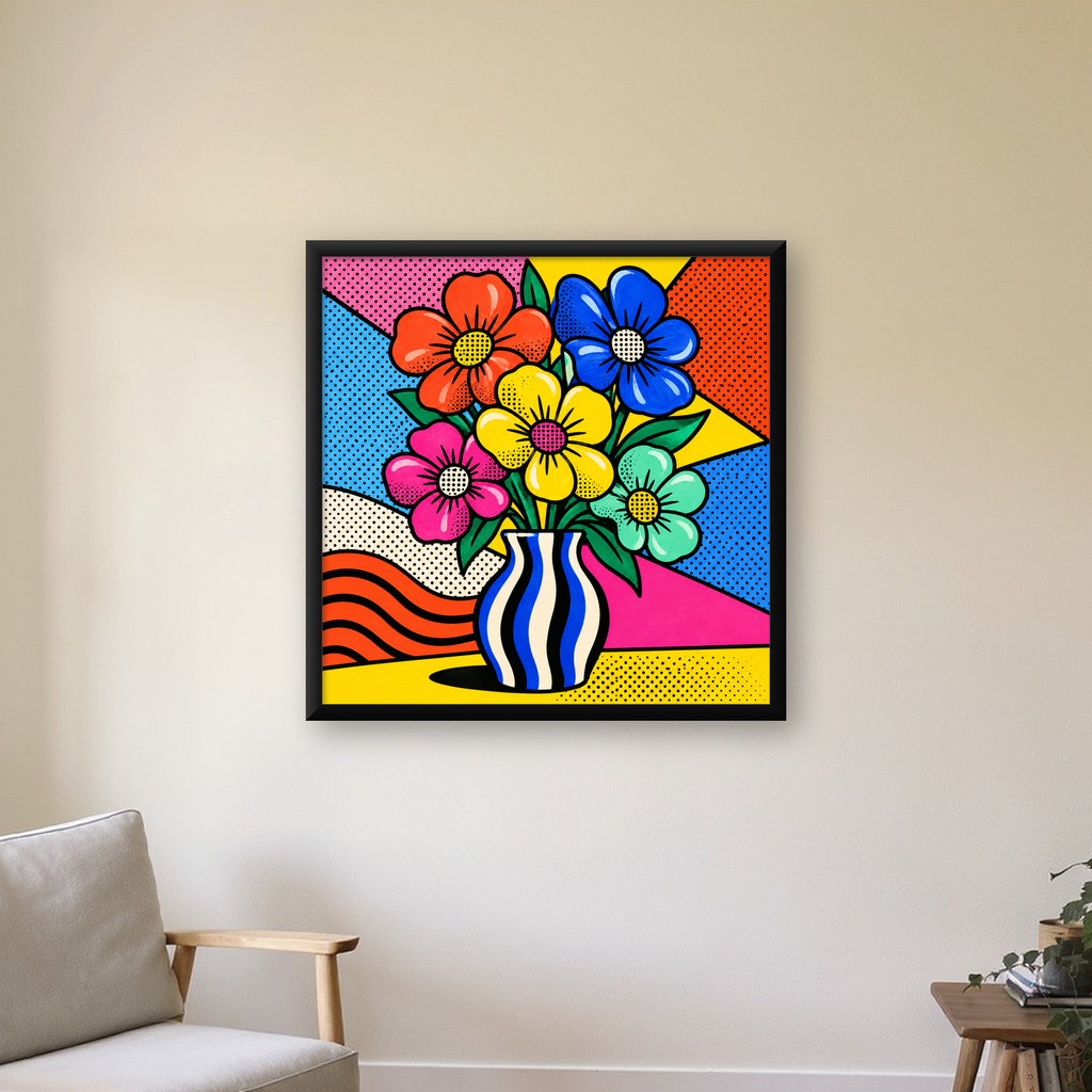 Pop Art Çiçekli Vazo Poster – Renkli Çizgi Roman Tasarımı — Kare baskı, çerçeveli hâliyle bir ev duvarında