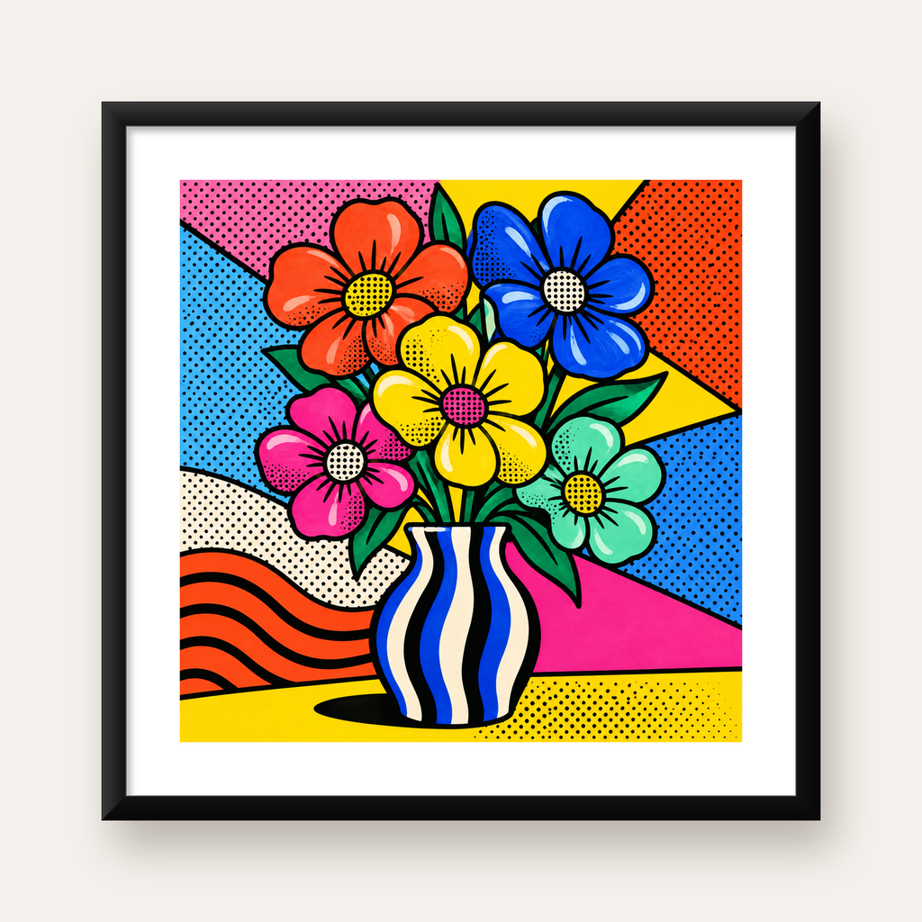 Pop Art Çiçekli Vazo Poster – Renkli Çizgi Roman Tasarımı — Kare baskı, beyaz paspartulu