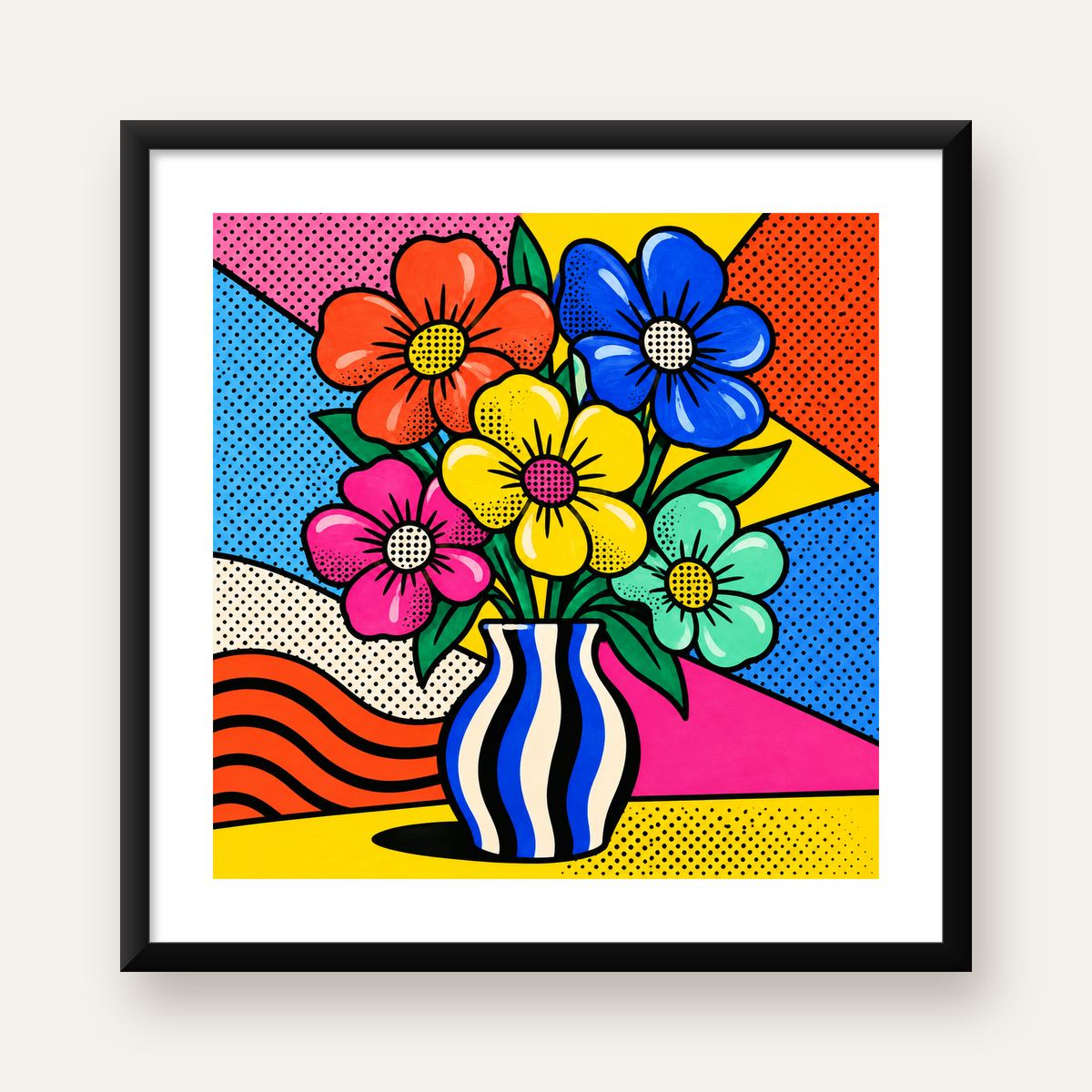 Pop Art Çiçekli Vazo Poster – Renkli Çizgi Roman Tasarımı — Kare baskı, beyaz paspartulu