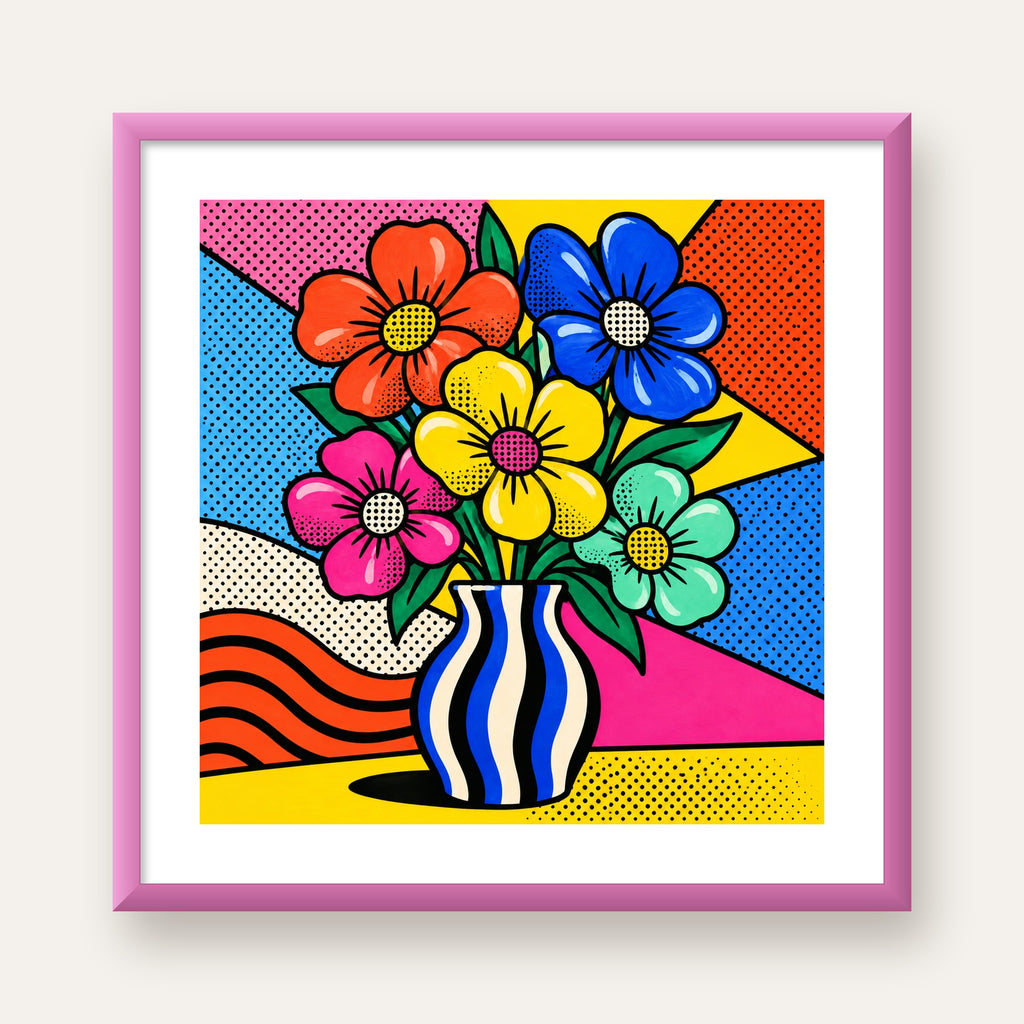 Pop Art Çiçekli Vazo Poster – Renkli Çizgi Roman Tasarımı — pembe çerçeveli paspartulu